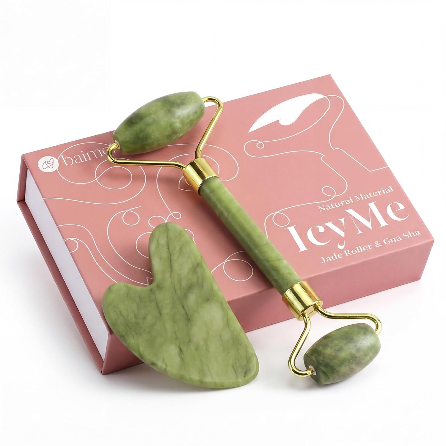 BAIMEI IcyMe Jade Face Roller & Gua Sha, Facial Beauty Skin Care Tools, Self Care Gift for Men Women, Massager for Face, Eyes, Neck, Relieve Fine Lines and Wrinkles – Green