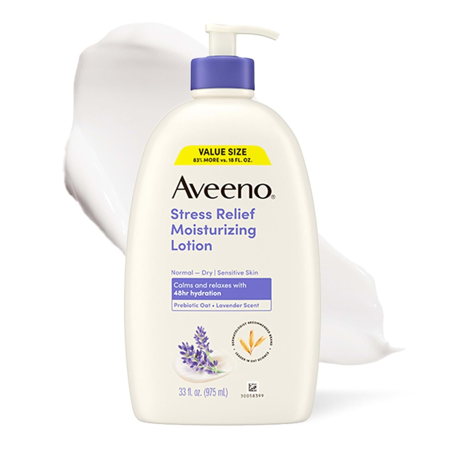 Aveeno Stress Relief Moisturizing Body Lotion, Lavender Scent with Prebiotic Oat for Sensitive Skin, Lightly Scented Lotion with 48-Hour Hydration, Fast Absorbing, Non-Greasy, Value Size 33 Fl Oz