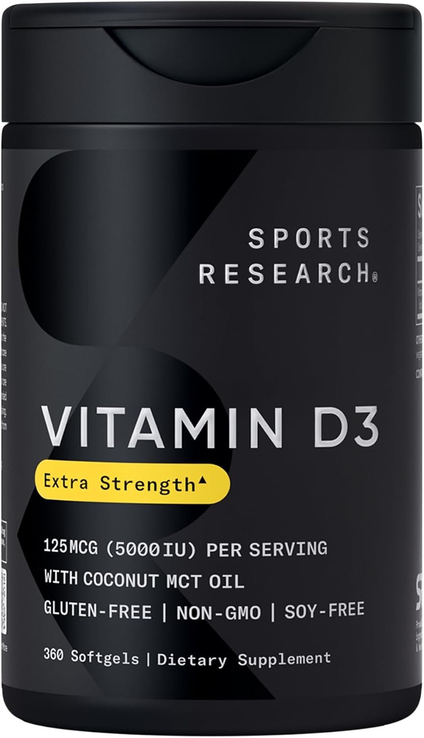 Sports Research Vitamin D3 5000 IU with Coconut MCT Oil – High Potency Vitamin D Supplement for Immune & Bone Support – Non-GMO Verified, Gluten & Soy Free – 125mcg, 360 Liquid Softgels