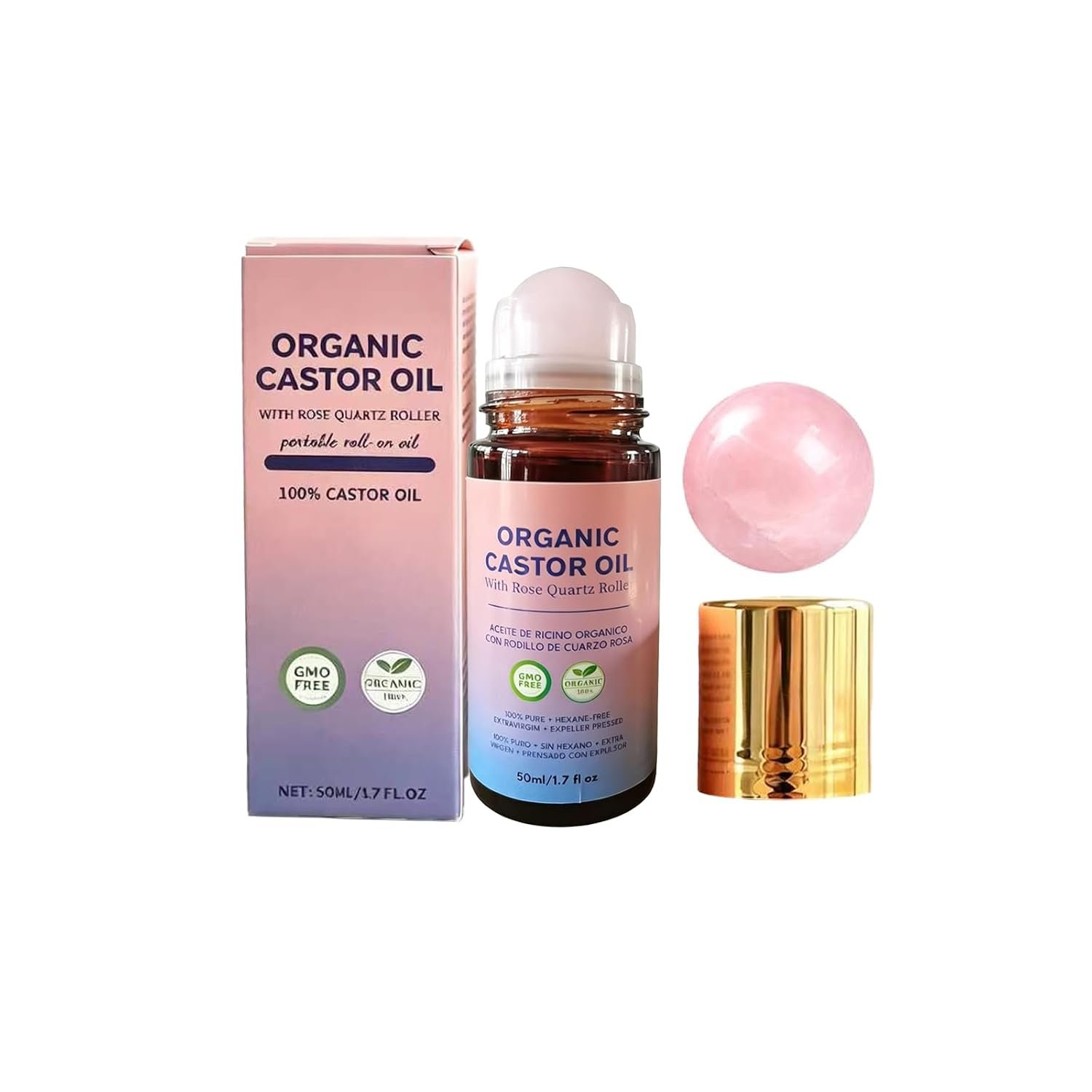 Organic Castor Oil Rose Quartz Roller Ball,100% Pure Cold-Pressed Natural Formula for Skin & Hair Care, Hexane-Free.1.7oz (1Pcs)