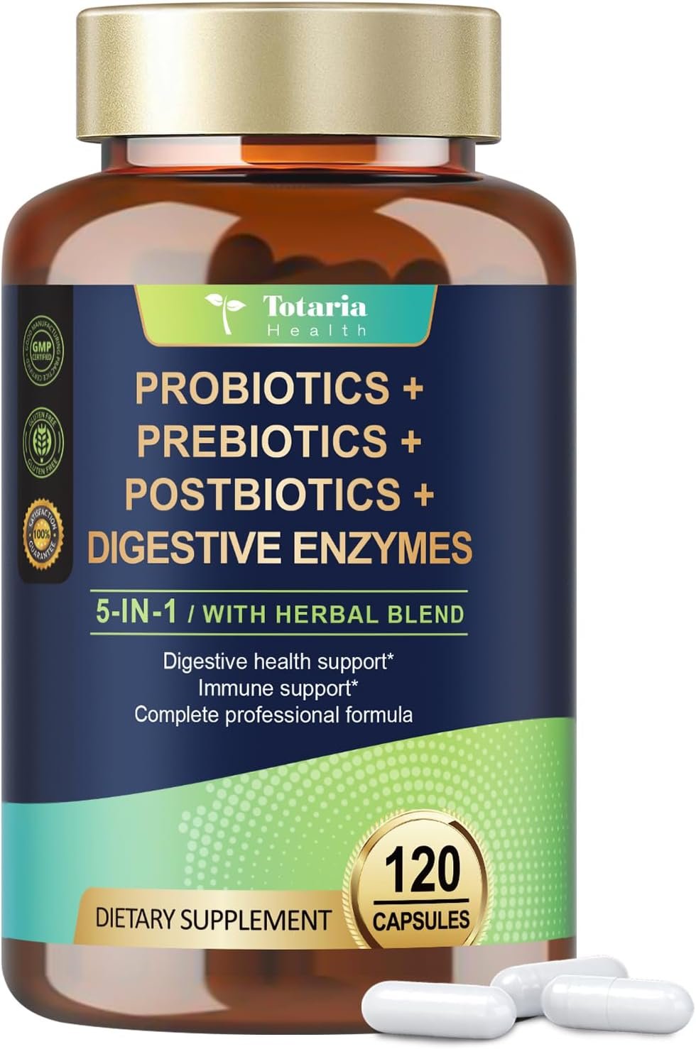 Totaria 5-in-1 Probiotic Prebiotic & Postbiotic for Women Men, 60 Billion CFU 24 Strains w/Digestive Enzymes, Prebiotic Fiber, Slippery Elm, Daily Complete Immune, Gut Health, 120 Day Supply