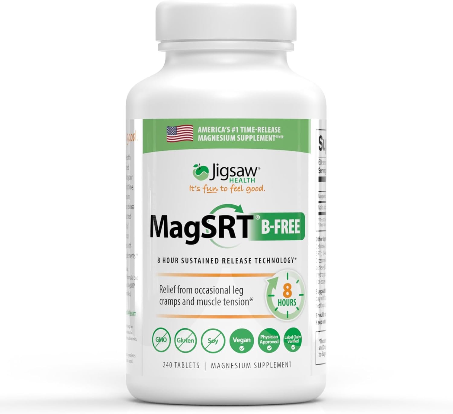 Jigsaw Health MagSRT (B-Free) | Premium, Organic, Slow Release Magnesium Supplement | Active, Bioavailable Magnesium Malate Tablets | 240 Tablets | 60 Servings