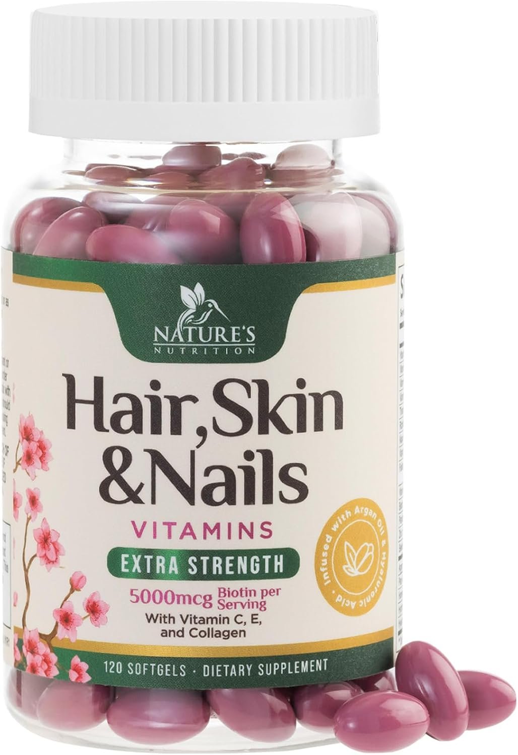 Hair Skin and Nails Vitamins for Hair Growth – Biotin 5000mcg Per Serving – Extra Strength Collagen, Argan Oil & Hyaluronic Acid – Best Beauty Supplement for Women & Men – USA Bottled – 120 Softgels