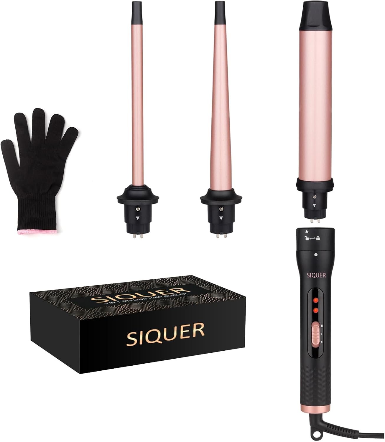 3 in 1 Curling Wand Set – SIQUER Hair Waver Curling Iron for Women with 3 Interchangable Ceramic Beach Waves Wands 1/2 Inch to 1 1/4 Inch Fast Heating Up Hair Curler with Box (Rose, Black)