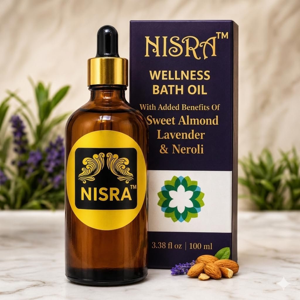 NISRA™ Ayurvedic Premium Bath Oil with Organic Sweet Almond & Neroli Relaxing Aromatherapy Body Oil for Stress Relief & Wellness Vegan, Mineral Oil-Free Calming Soak for Dry Skin 3.38 fl oz