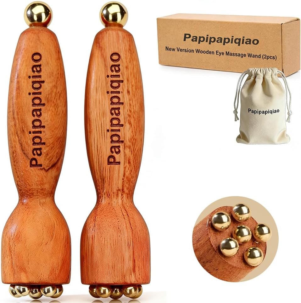 2Pcs Facial Massage Tool for Eye Massage Reduce Puffiness and Dark Circles Facial Meridian Brush Rosewood Handle Copper Massage Beads Chinese SPA Gua Sha Tool (Rosewood)