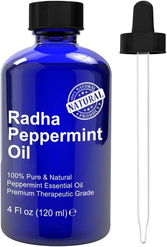Radha Beauty Peppermint Essential Oil 4 oz – 100% Pure & Therapeutic Grade, Steam Distilled for Aromatherapy, Fresh Minty Scent, Focus, DIY Projects, Candles, Sprays and Fragrance