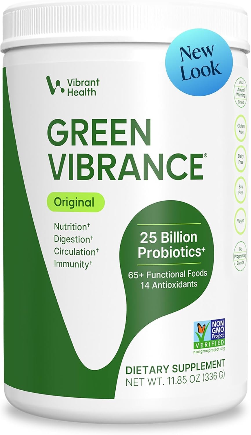 Vibrant Health, Green Vibrance, Includes 65 Plant-Based Superfoods, 25 Billion Probiotics, Fiber, Adaptogens & Enzymes, 30 Servings
