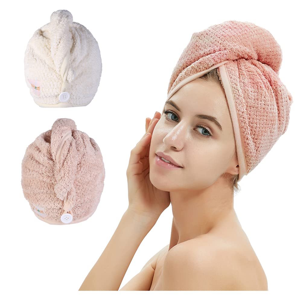 M-bestl 2 Pack Microfiber Hair Towel Wrap,Hair Drying Towel with Button,Quick Dry Hair Towel Turban for Women,Absorbent Anti-frizz Head Towel for Long Thick Curly Hair(Pink&Beige)