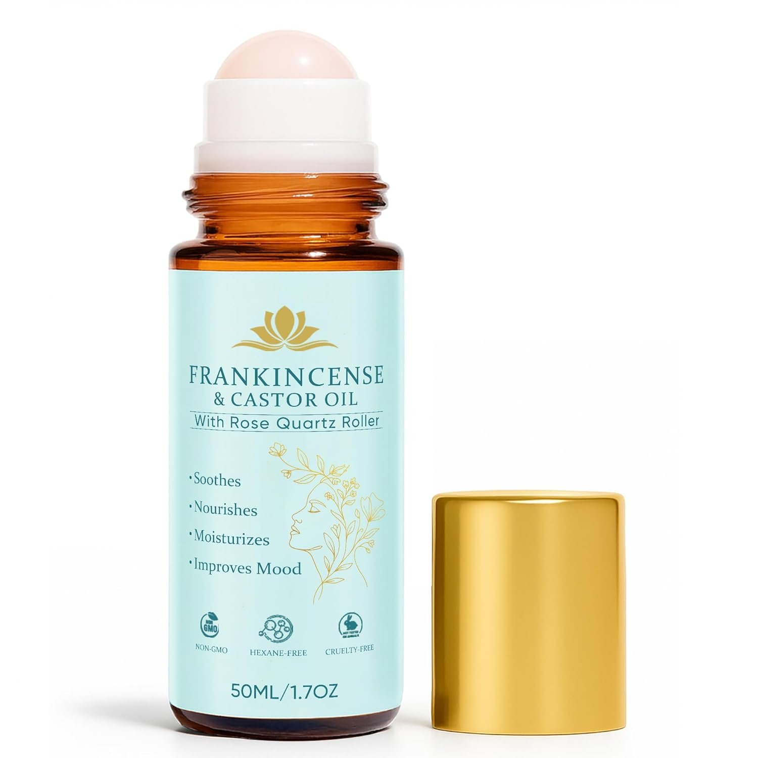 Frankincense and Castor Oil, Organic Castor Oil Rose Quartz Roller Ball, 100% Pure, Cold-Pressed, Firms Skin, Reduces Fine Lines & Wrinkles, Suitable for Face, Neck, Abdomen, 50ML/1.7OZ (1)