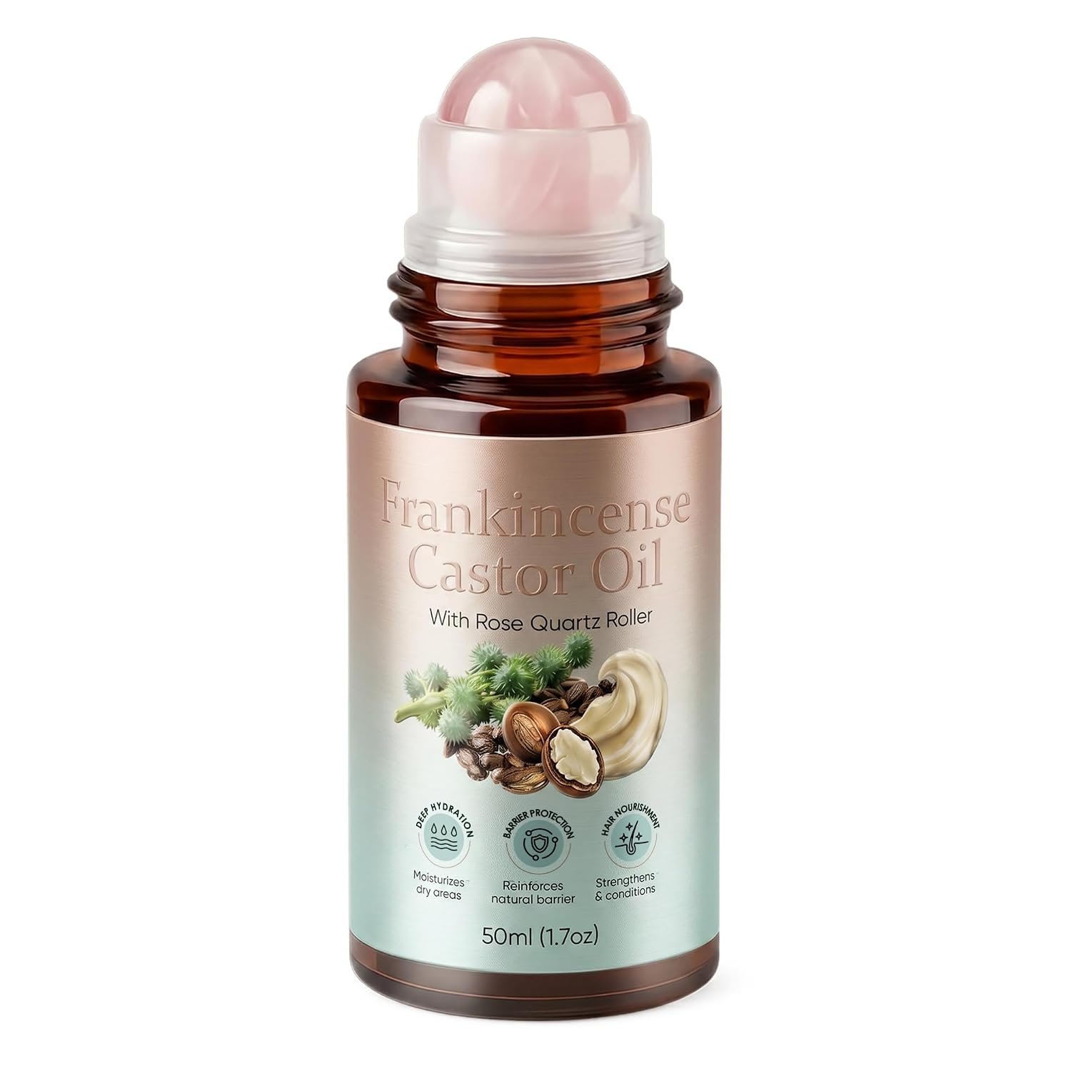 Castor Oil Rose Quartz Roller Ball, Organic Cold-Pressed Castor Oil with Frankincense, Roll-On Beauty Oil for Eyebrows, Face, Neck & Under-Eye Area, Lightweight Moisturizing Skin Care Oil, 1.7 Fl Oz