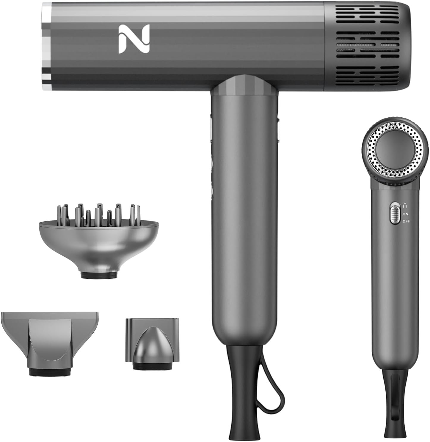 Natrial Ionic Professional Hair Dryer with Diffuser for Curly Hair,1600W&110000RPM High Speed Blow Dryer for Women,Fast Drying,Lock Function,Low Noise,Lightweight for Home Travel Salon,Grey