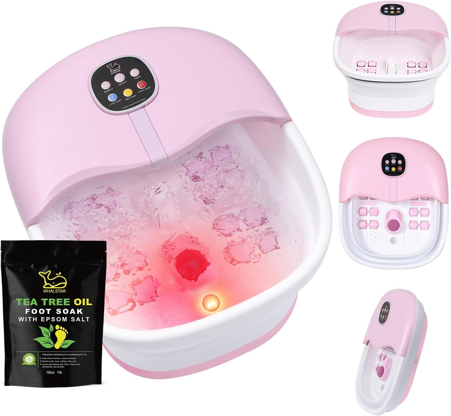 Collapsible Foot Spa Bath Massager with Heat Bubbles and Vibration Massage and Jets, 16oz Tea Tree Oil Foot Soak with Epsom Salt, Foot Bath Basin with Red Light & Remote – Pink