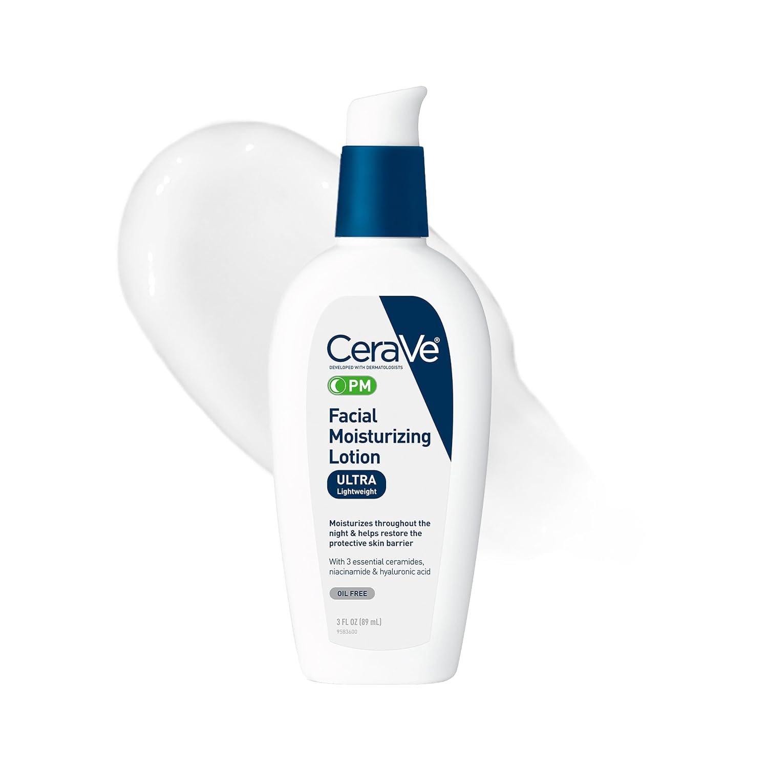 CeraVe PM Facial Moisturizing Lotion, Night Cream with Hyaluronic Acid and Niacinamide, Ultra-Lightweight, Oil-Free Moisturizer for Face, 3 Ounce