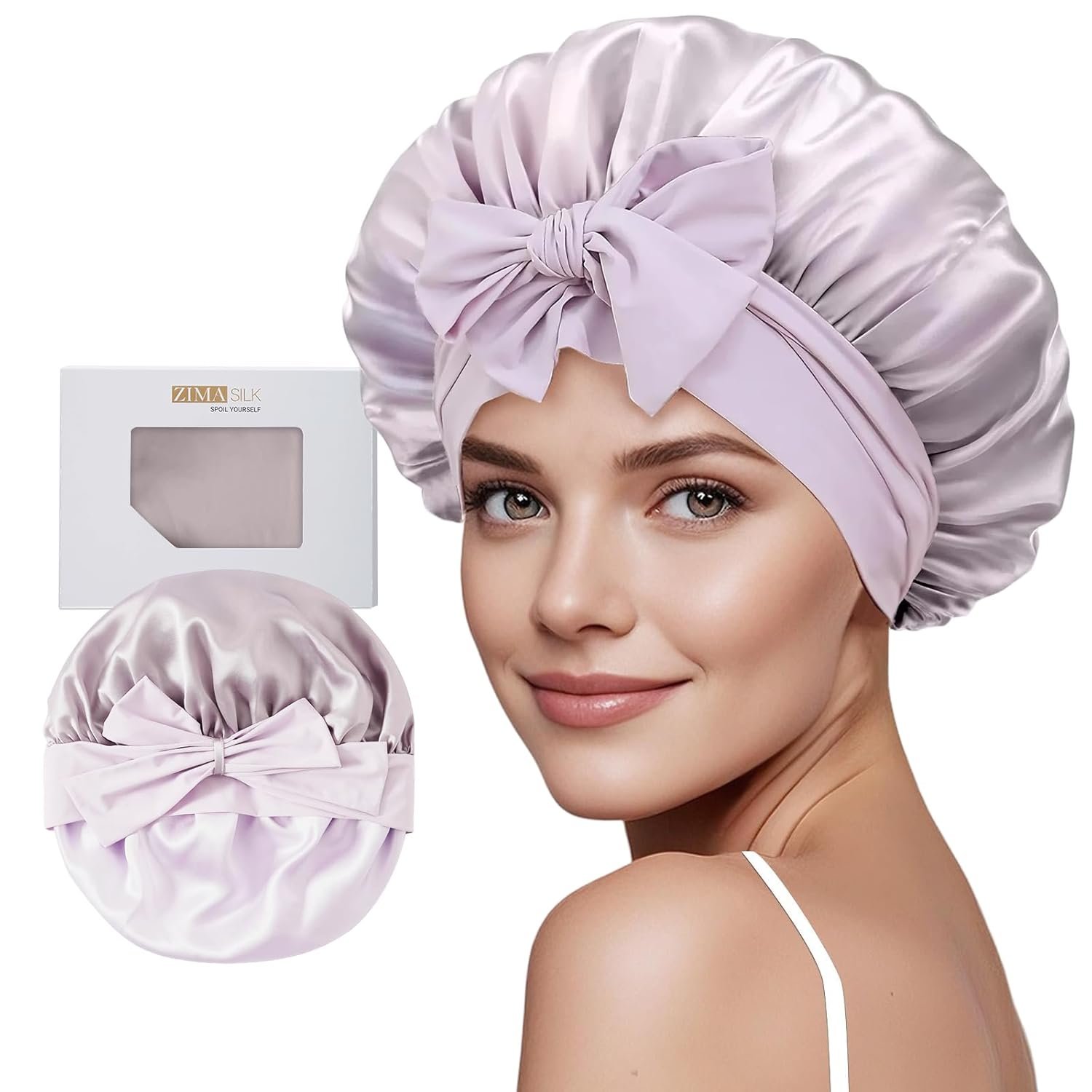 ZIMASILK 100% Mulberry Silk Bonnet for Sleeping Women Long Hair Double Layer Silk Hair Wrap with Tie Band Stay On Head (1Pc, Purple)
