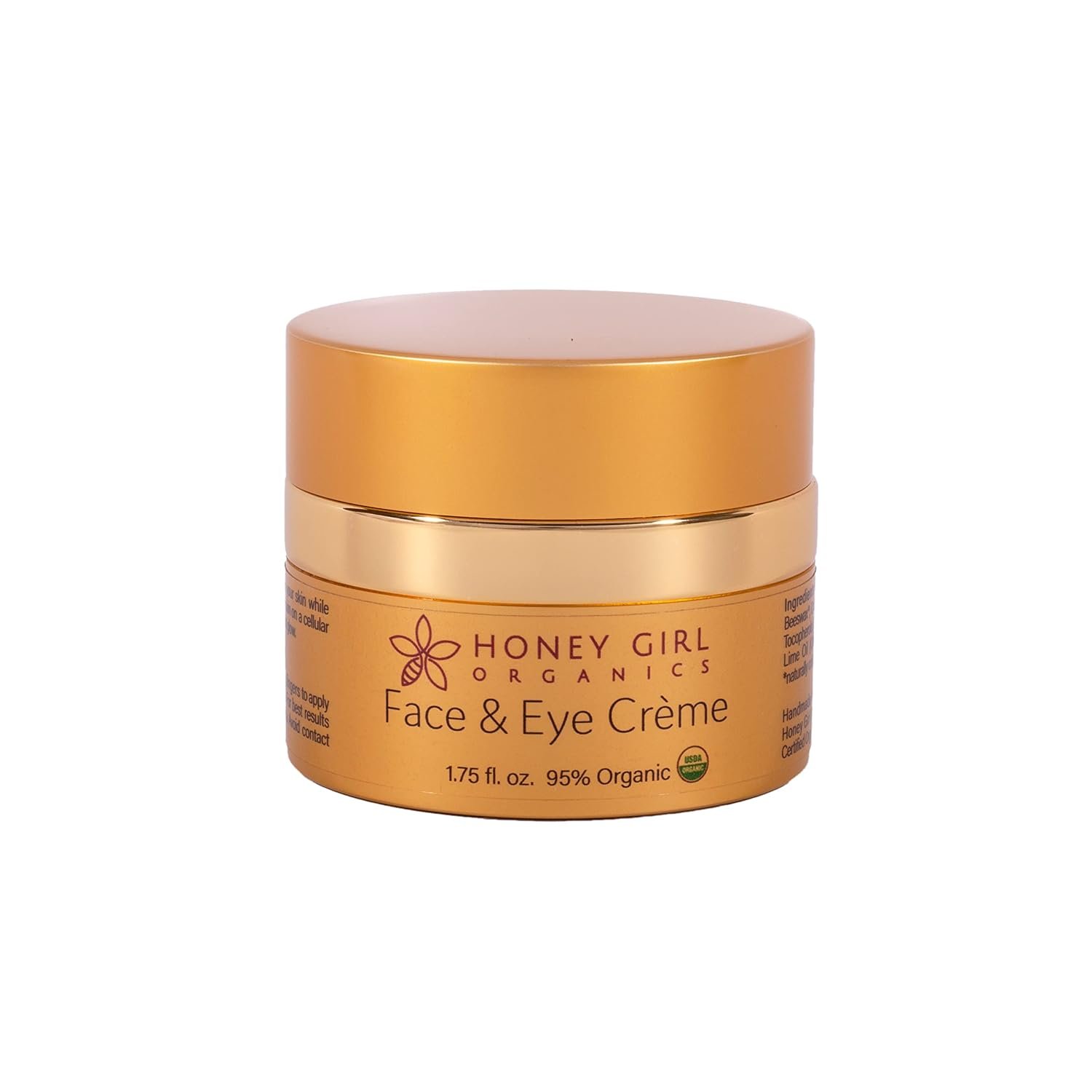 Honey Girl Organics Face & Eye Crème, USDA Certified Organic Facial Moisturizer & Under Eye Cream for Wrinkles, Dark Circles and Puffiness w/Hydrating Honey, Beeswax, Essential Oils & EVOO. 1.75oz