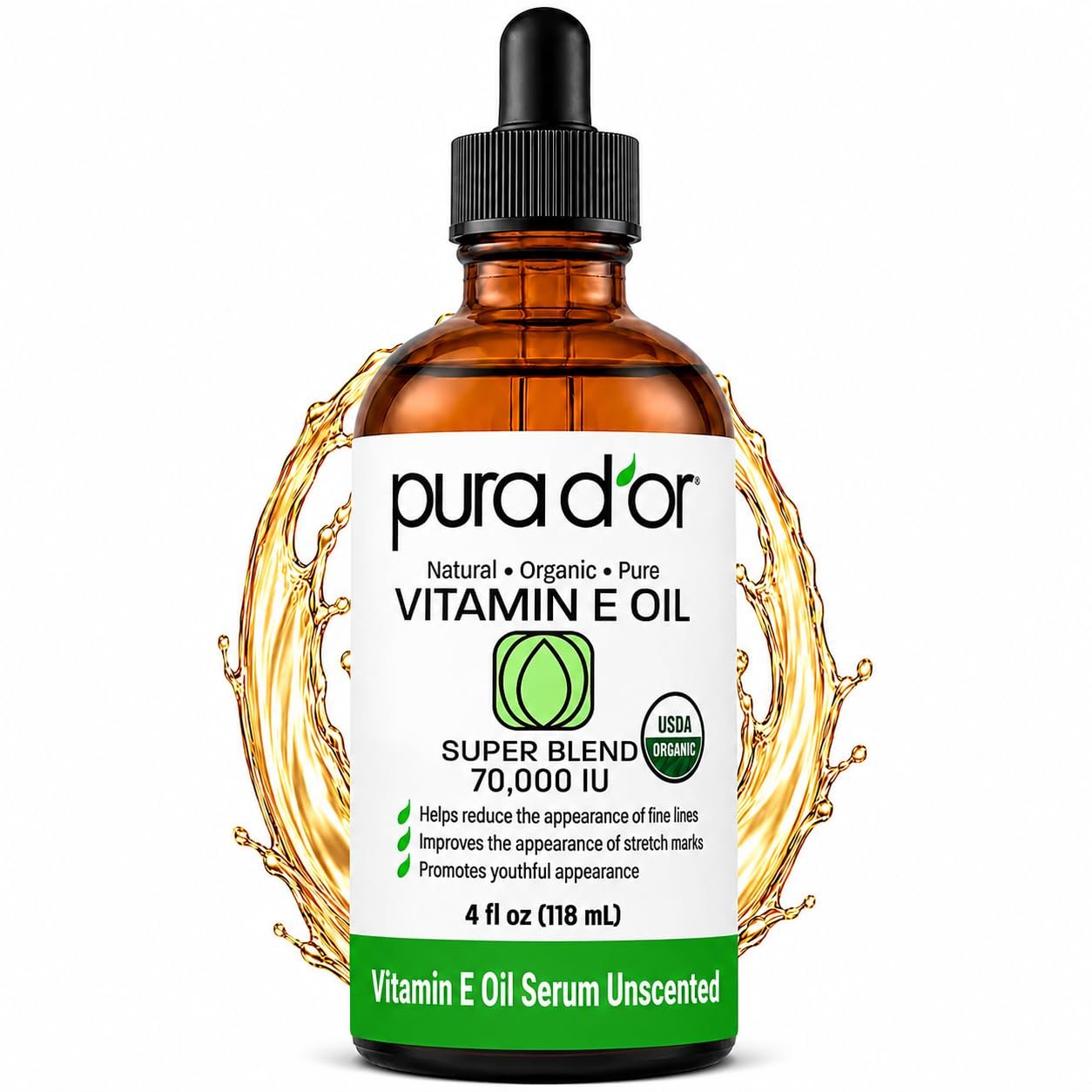 PURA D’OR ORGANIC Vitamin E Oil 70,000 IU Blend for Skin & Face, 4oz