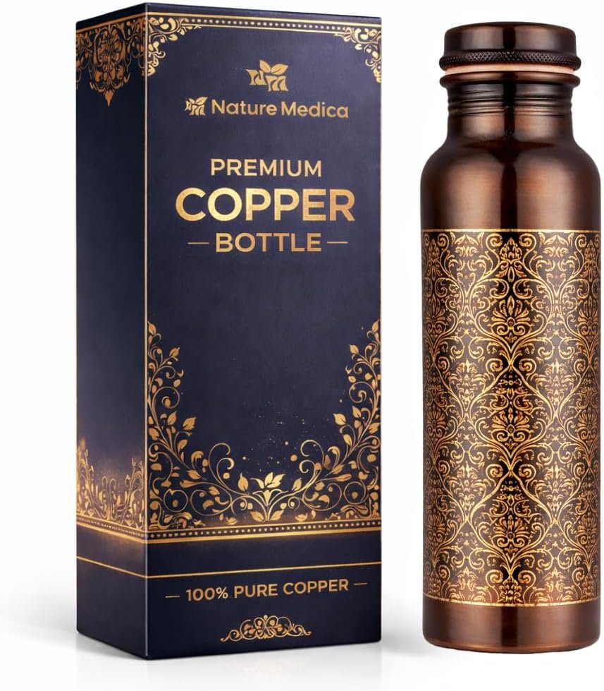 Pure Copper Water Bottle -32oz – Ayurvedic Drinking Bottle, Hammered Engraved Design, Leak Proof Metal Flask for Home Office Travel