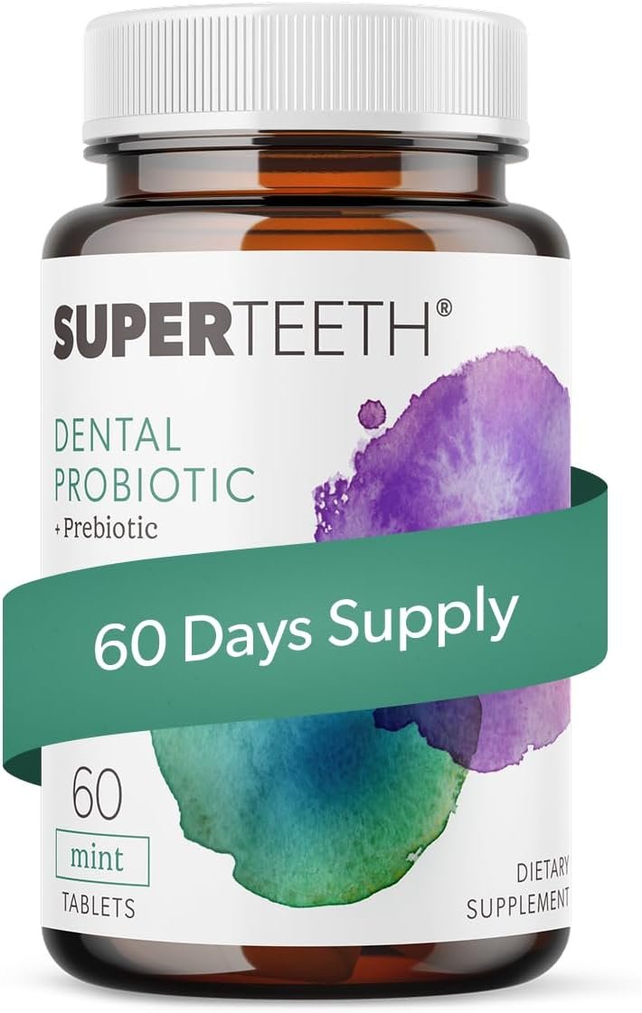SuperTeeth Oral Probiotics for Mouth Bad Breath & Cavities, Oral Defense Dental Probiotic to Support Healthy Teeth & Gums, Lactobacillus Reuteri Chewable for Kids & Adults, 60 Mint Tablets