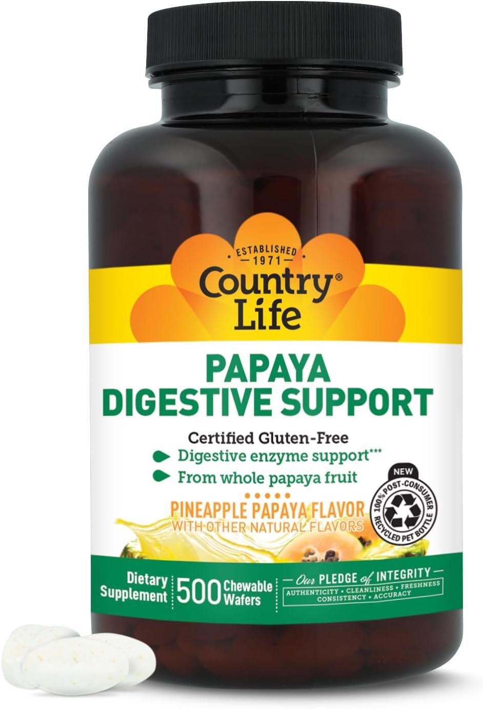 Country Life Papaya Digestive Support, 500 Chewable Wafers | Natural pineapple & papaya Flavor. Assists nutrient absorption, contains papain & protease