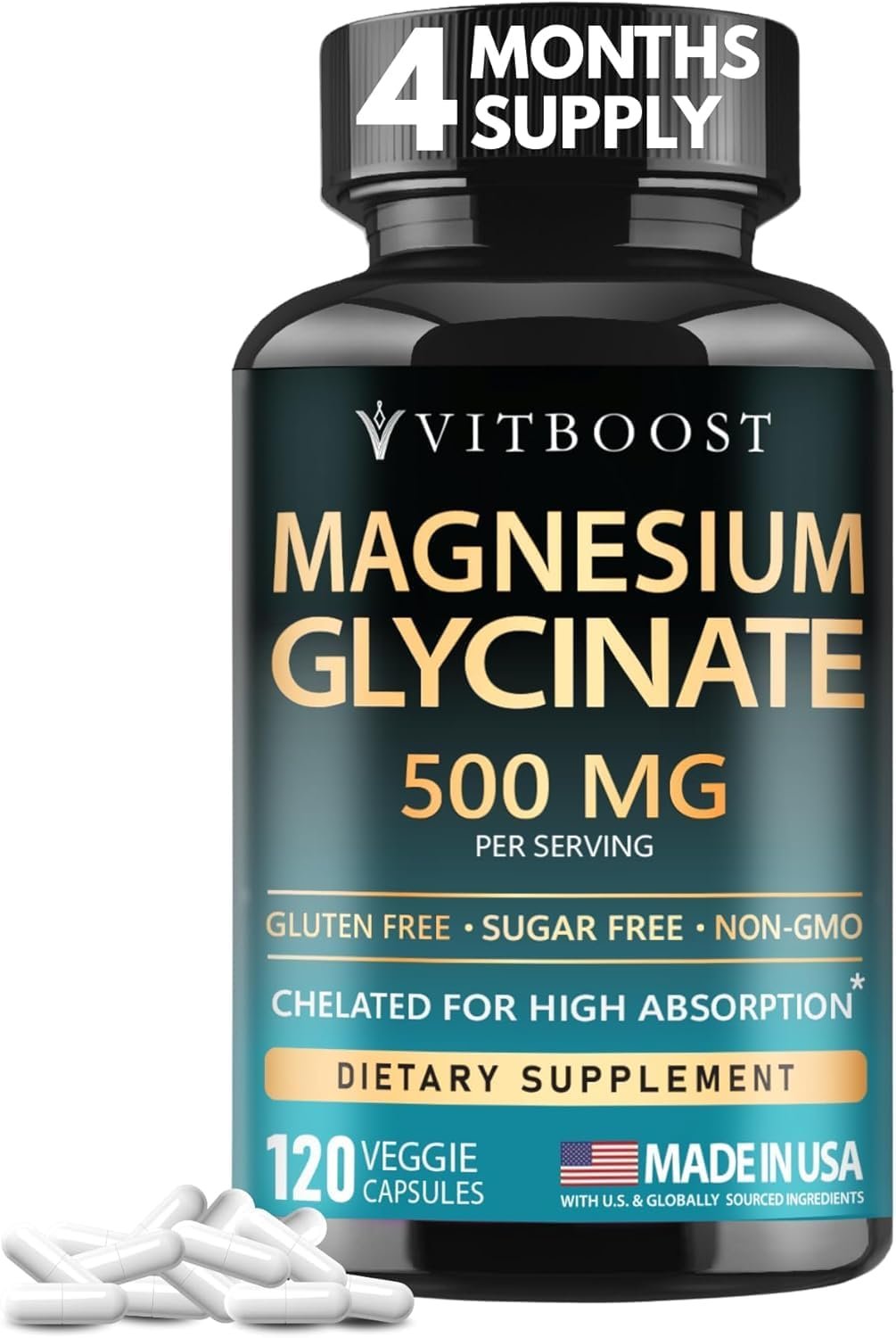 VITBOOST Magnesium Glycinate 500mg – High Absorption Chelated Supplement – Non-GMO, Vegan – 120 Natural Veggie Capsules – Made in USA
