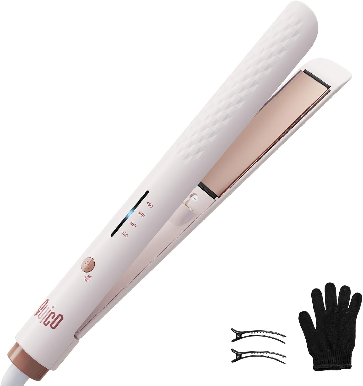 Quico Hair Straightener, 110-240V Global Travel Hair Straighteners for Women, 15s Fast Heating, Ceramic Negative Ion Flat Iron, Temp Memory, 320℉-450℉, Auto-Off, with Glove and Clips, Gift, Pink