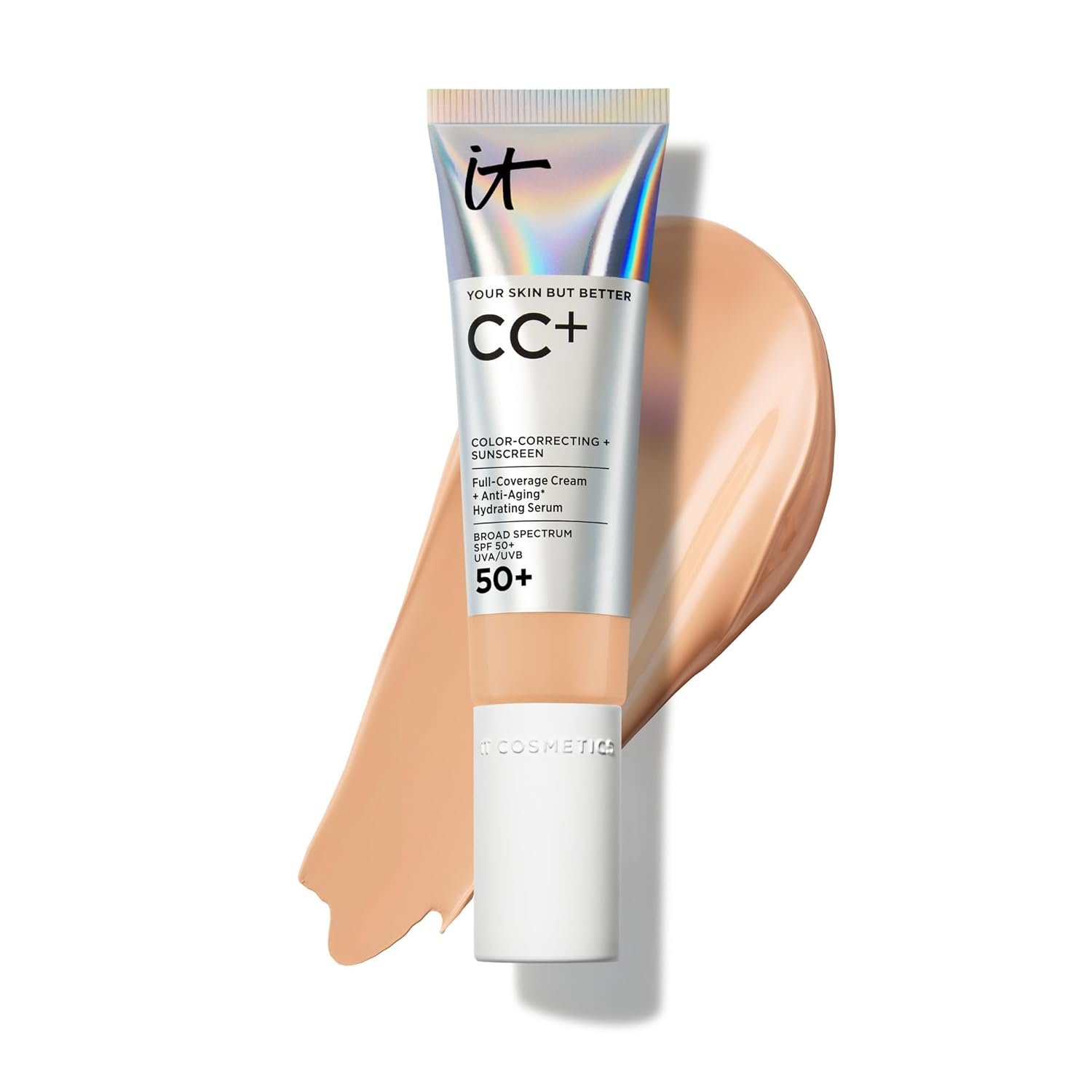IT Cosmetics CC+ Cream – Natural Full Coverage Foundation With SPF 50+, Color Corrector & Anti-Aging Hydrating Serum, Hyaluronic Acid + Peptides, Lightweight Up To 24H Wear, All Skin Types