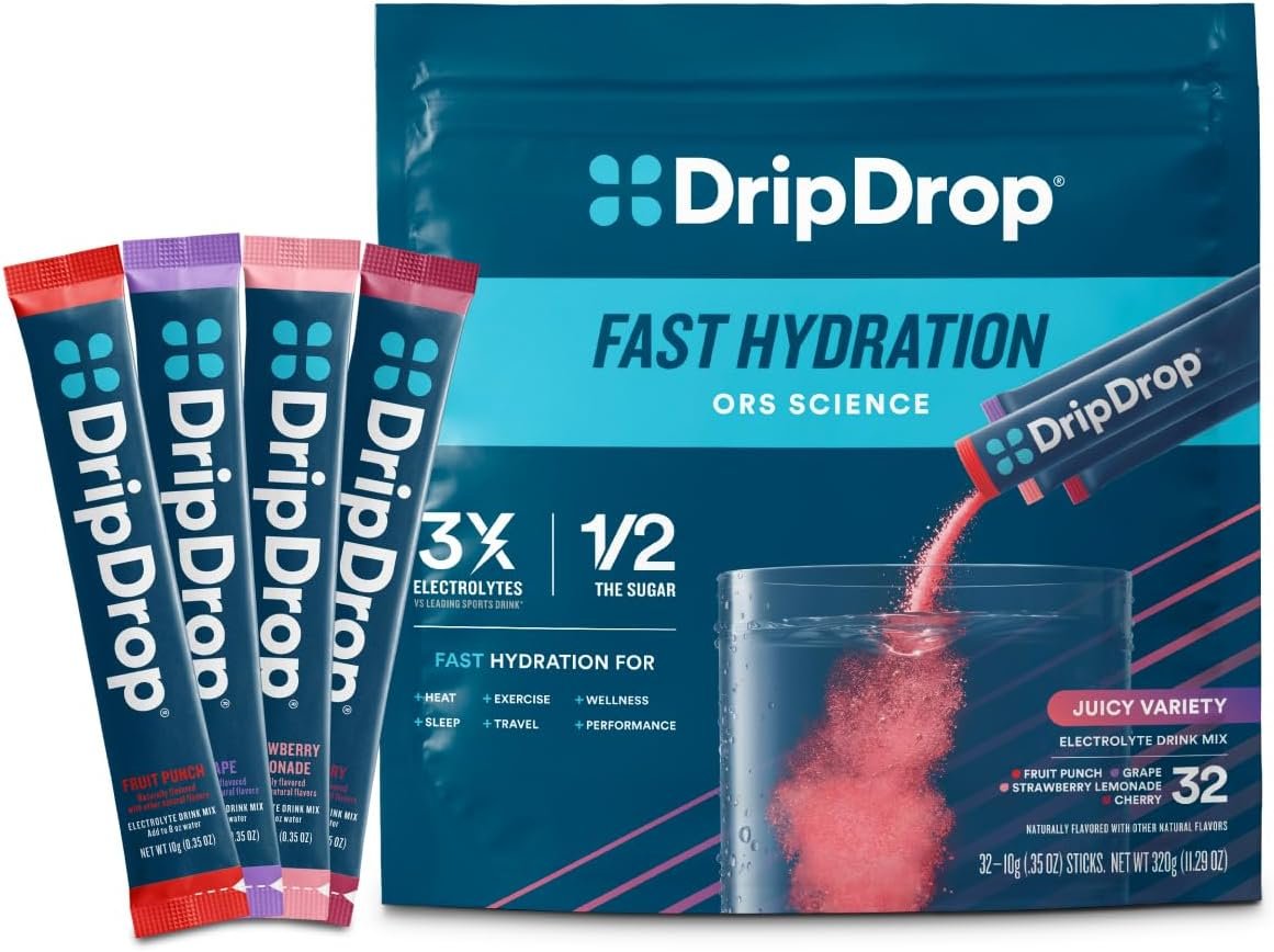 DripDrop Hydration Packets – Juicy Variety Pack – Single Serve Electrolytes Powder Drink Mix – Grape, Fruit Punch, Strawberry Lemonade, Cherry – Non-GMO, Gluten Free, Vegan – 32 Sticks