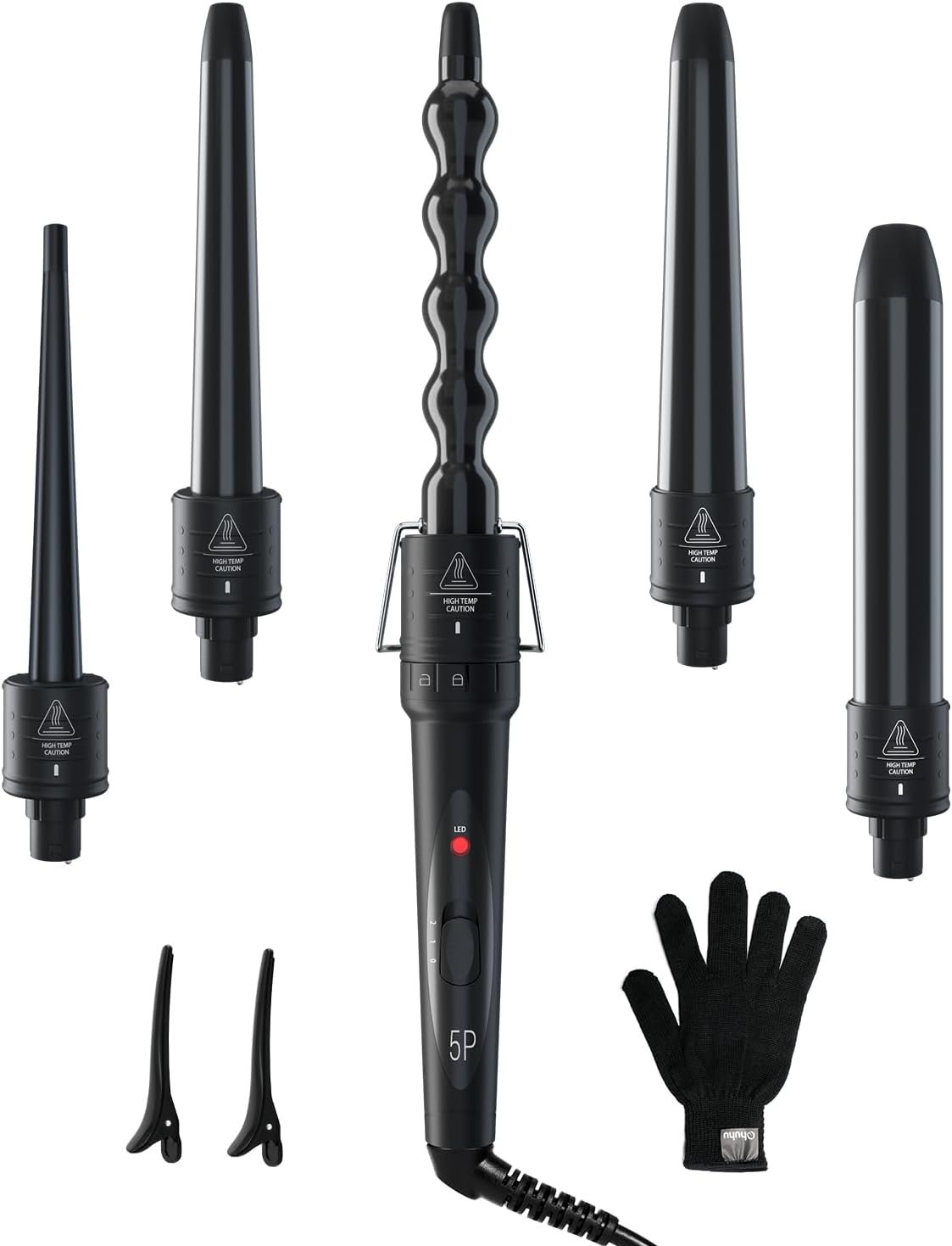 5 in 1 Curling Wand Set: Ohuhu Curling Iron Wand 5Pcs 0.35 to 1.25 Inch Interchangeable Ceramic Barrel Heat Protective Glove 2 Clips Dual Voltage Hair Curler for Girl Women Black | Ohuhu Curling Iron Wand 5Pcs 0.35 to 1.25 Inch Interchangeable Ceramic Barrel