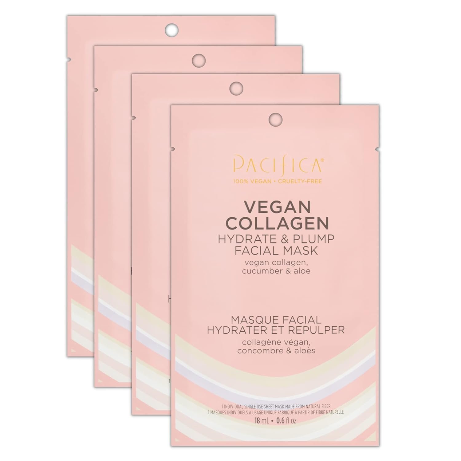 Pacifica Vegan Collagen Hydrate & Plump Face Mask 4-Pack – Hydrating & Plumping Peptide-Infused Sheet Mask for Dewy Skin, with Vegan Collagen, Cucumber & Aloe, Clean Beauty Skincare​
