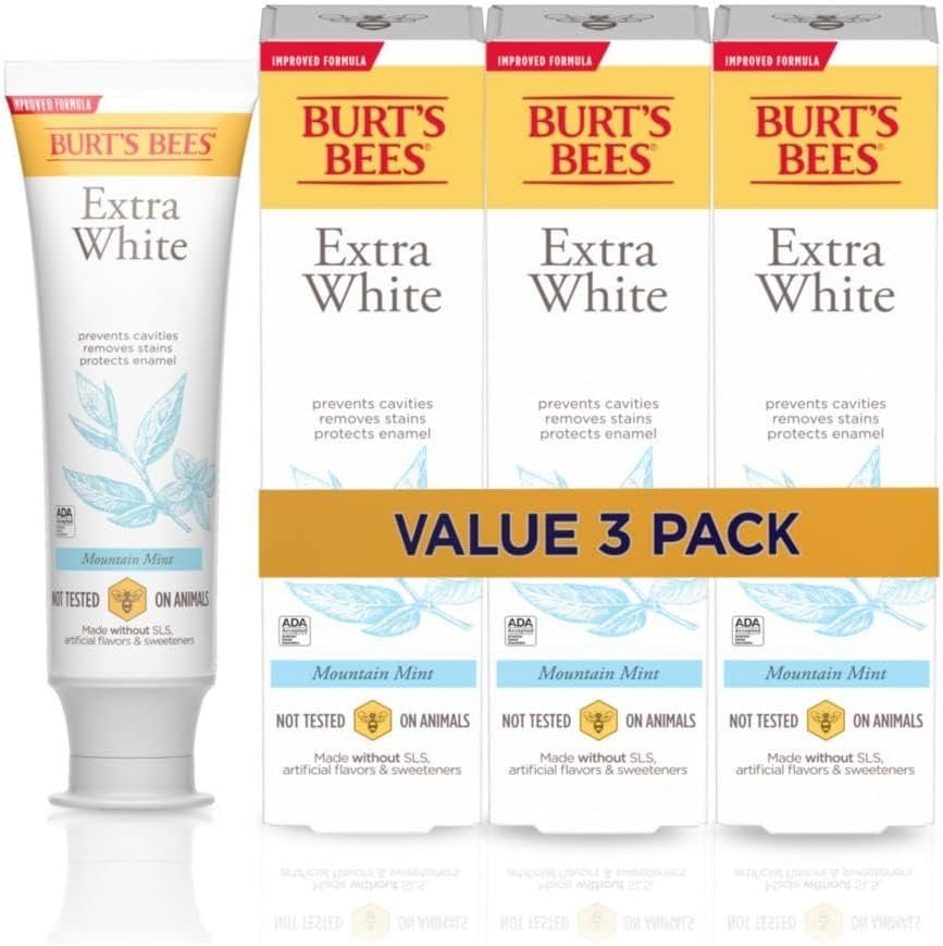Burt’s Bees Extra White Toothpaste, Fluoride Toothpaste, Natural Flavor, Mountain Mint, 4.7 oz, Pack of 3