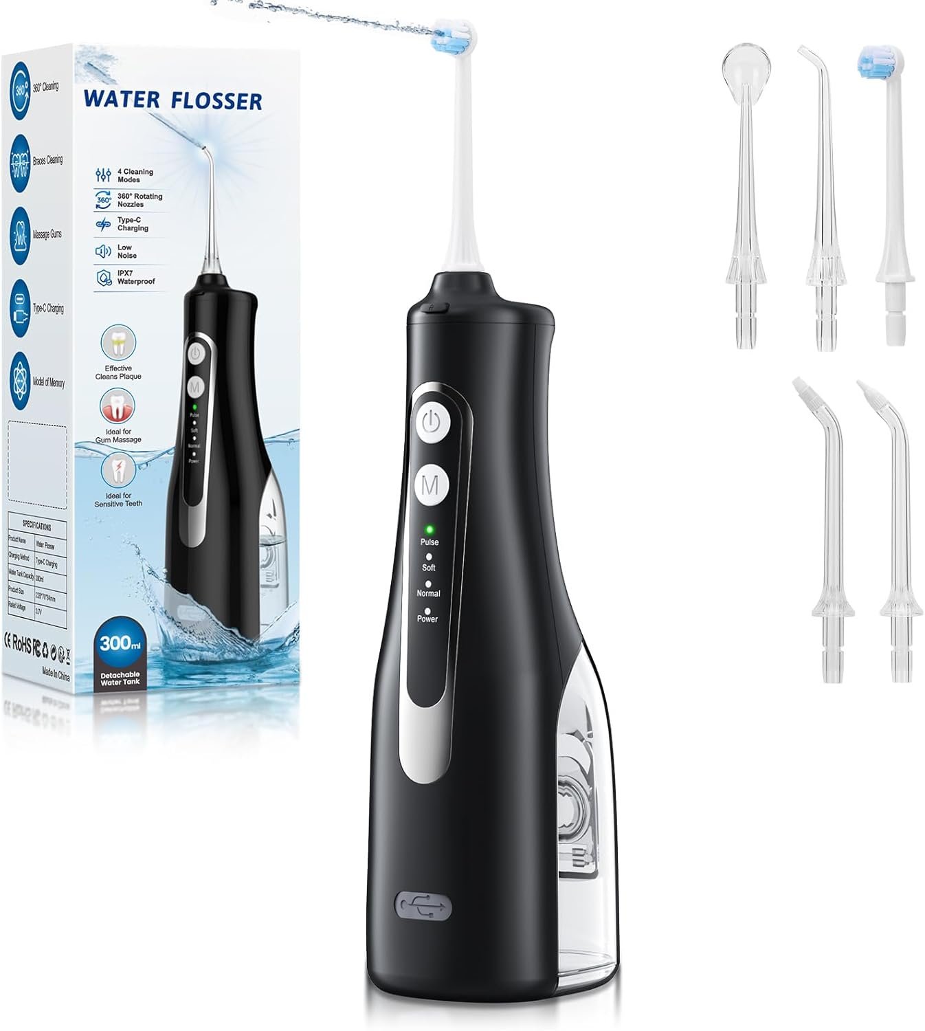 Water Dental Flosser 300ML Portable – 4 Modes Cordless Oral Irrigator – Rechargeable IPX7 Waterproof – Water Dental Piks for Cleaning for Home Travel