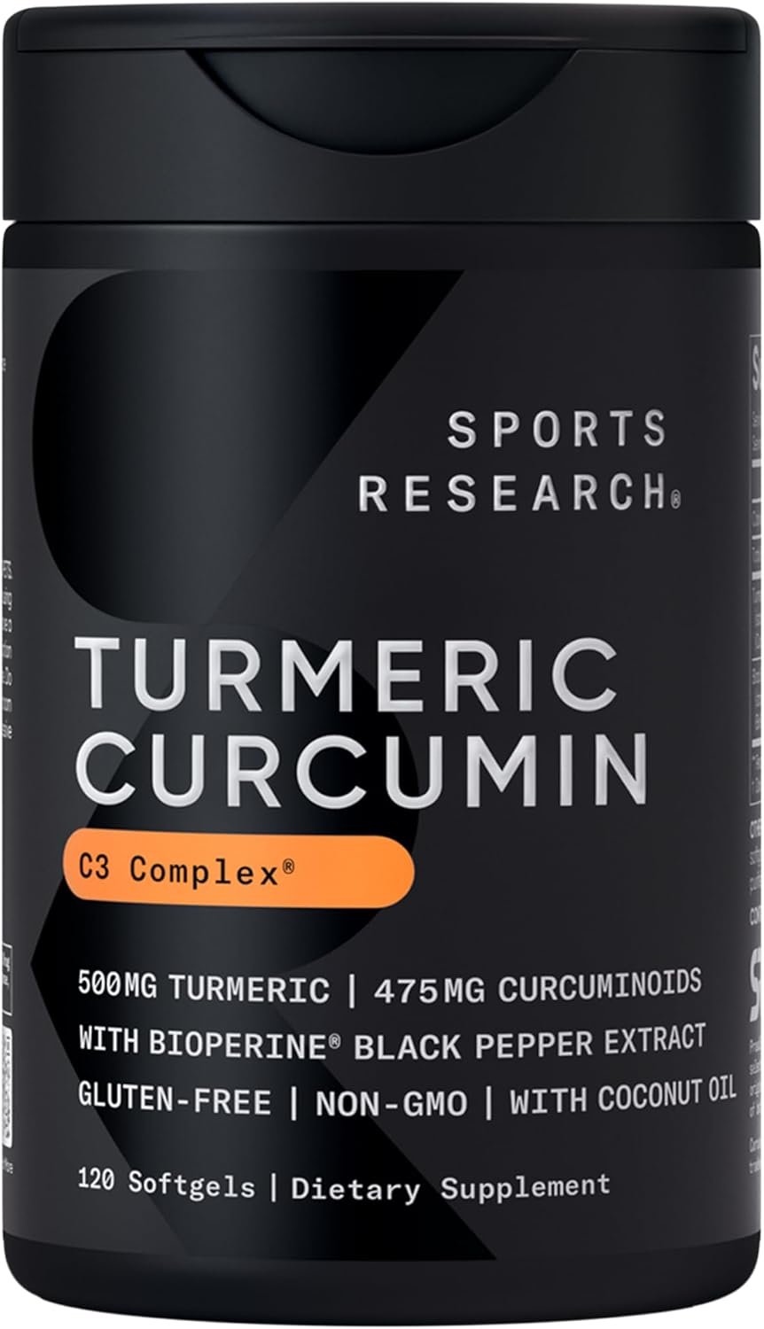 Sports Research® Turmeric Curcumin C3 Complex® w/BioPerine Black Pepper Extract & Organic Coconut Oil – Standardized 95% Curcuminoids · Non-GMO · Gluten Free – 120 Count Softgels