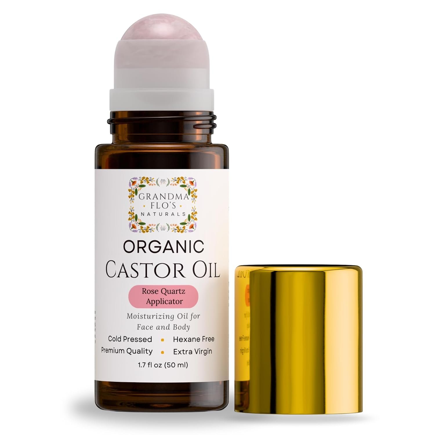 Grandma Flo’s Naturals Organic Castor Oil with Rose Quartz Roll On For Face and Body – Glass Bottle, Cold Pressed, Hexane Free, Unrefined – Stimulate Hair Growth, Moisturize Skin (50ml)