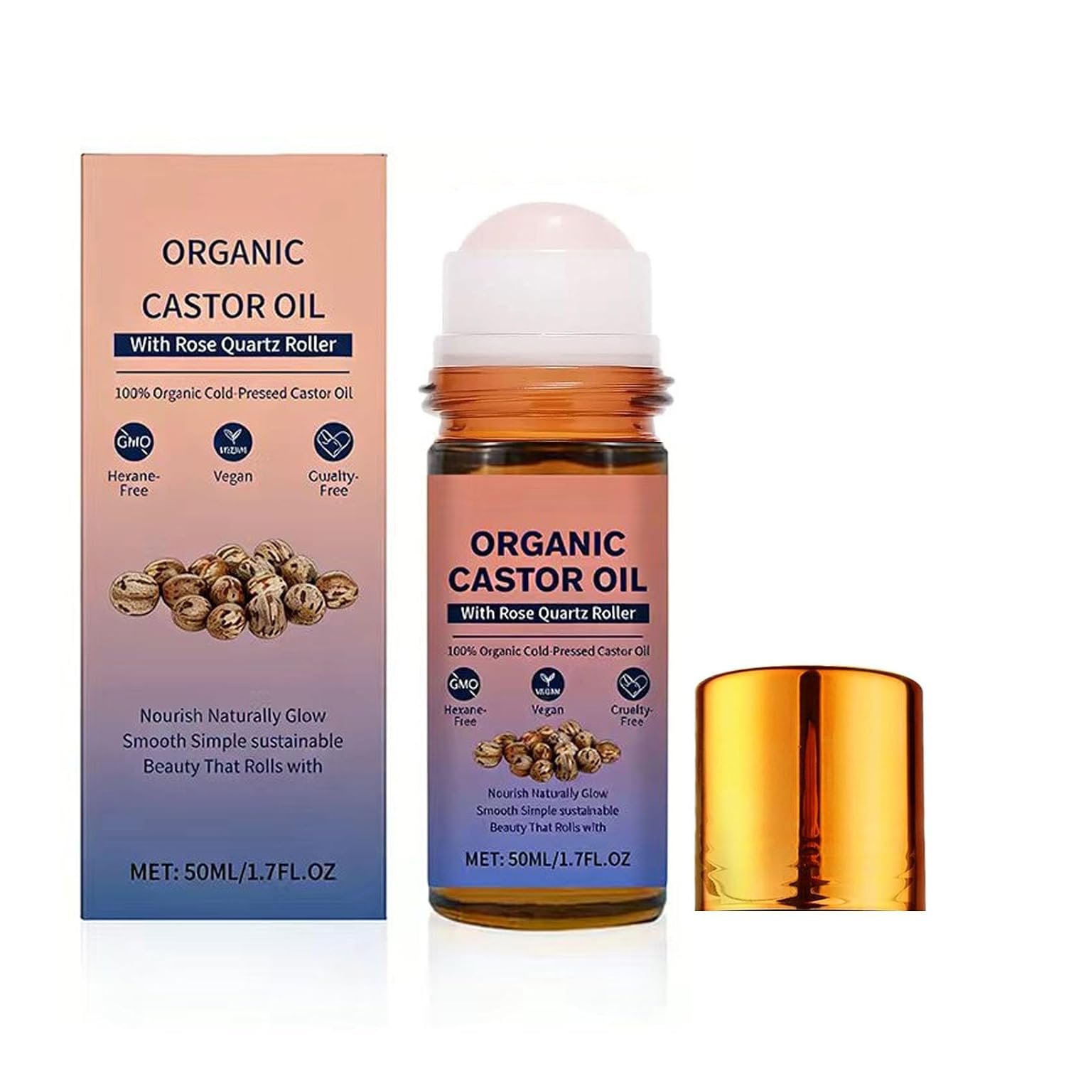 Organic Castor Oil Roll On with Rose Quartz Roller, 100% Castor Oil Organic Cold Pressed, Hexane-Free, for Face and Body, Hair, Eyebrows, Moisturize Skin -1pcs