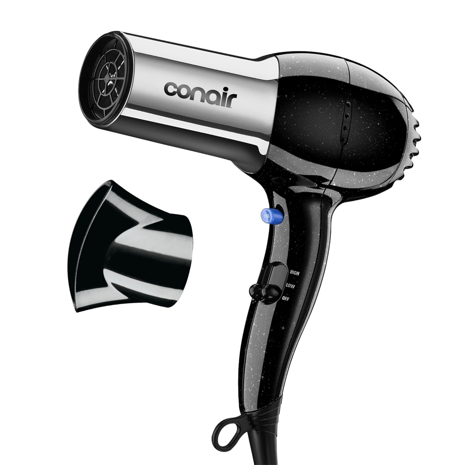 Conair Full Size Ionic Hair Dryer | 1875W Fast Drying Ionic Hair Dryer with Concentrator for Frizz-Free, Shiny Hair, Black/Chrome, 256NRL