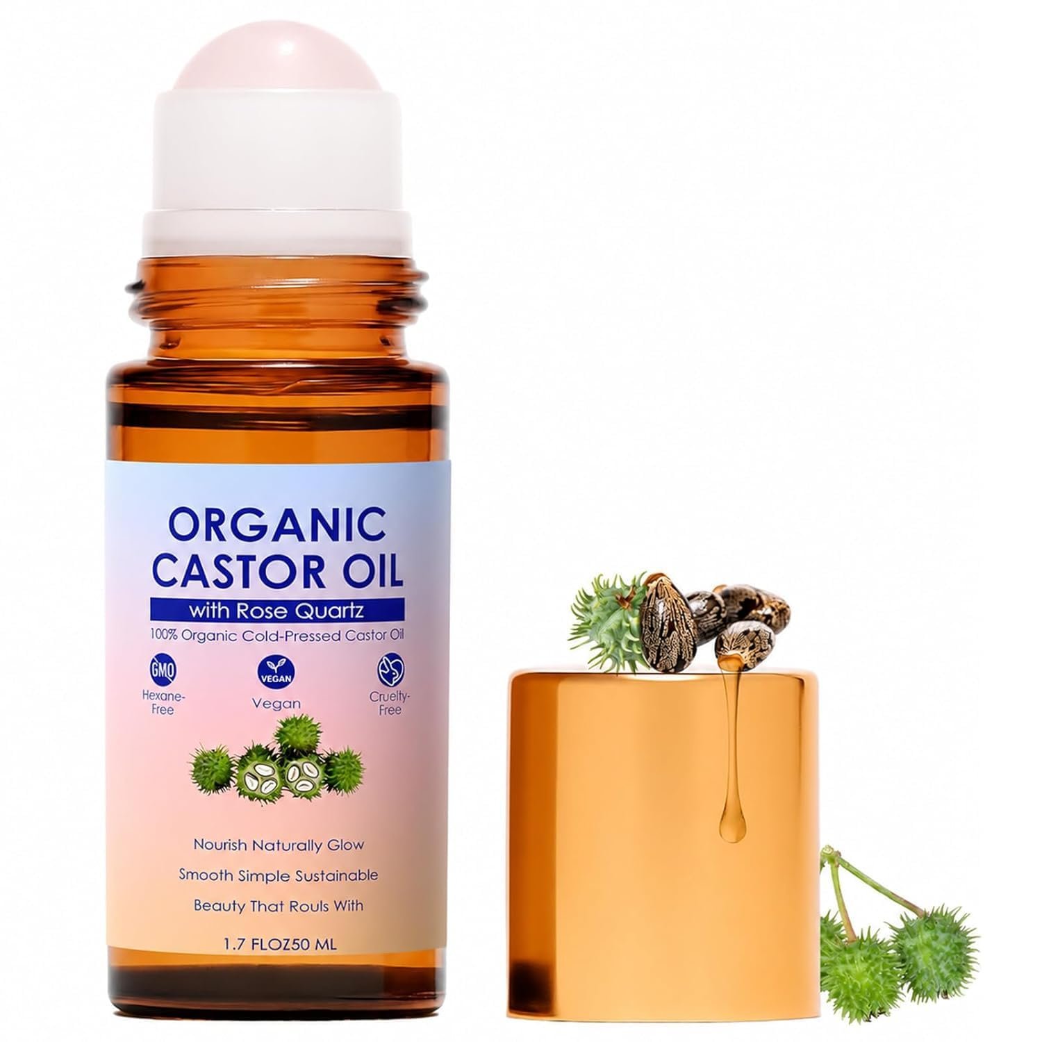 Organic Castor Oil Rose Quartz Roller Ball – 100% Cold Pressed Hexane Free Castor Oil Roll On for Facial Skin Care, Fine Lines, Wrinkles & Under Eye Puffiness (1.7 Fl Oz)