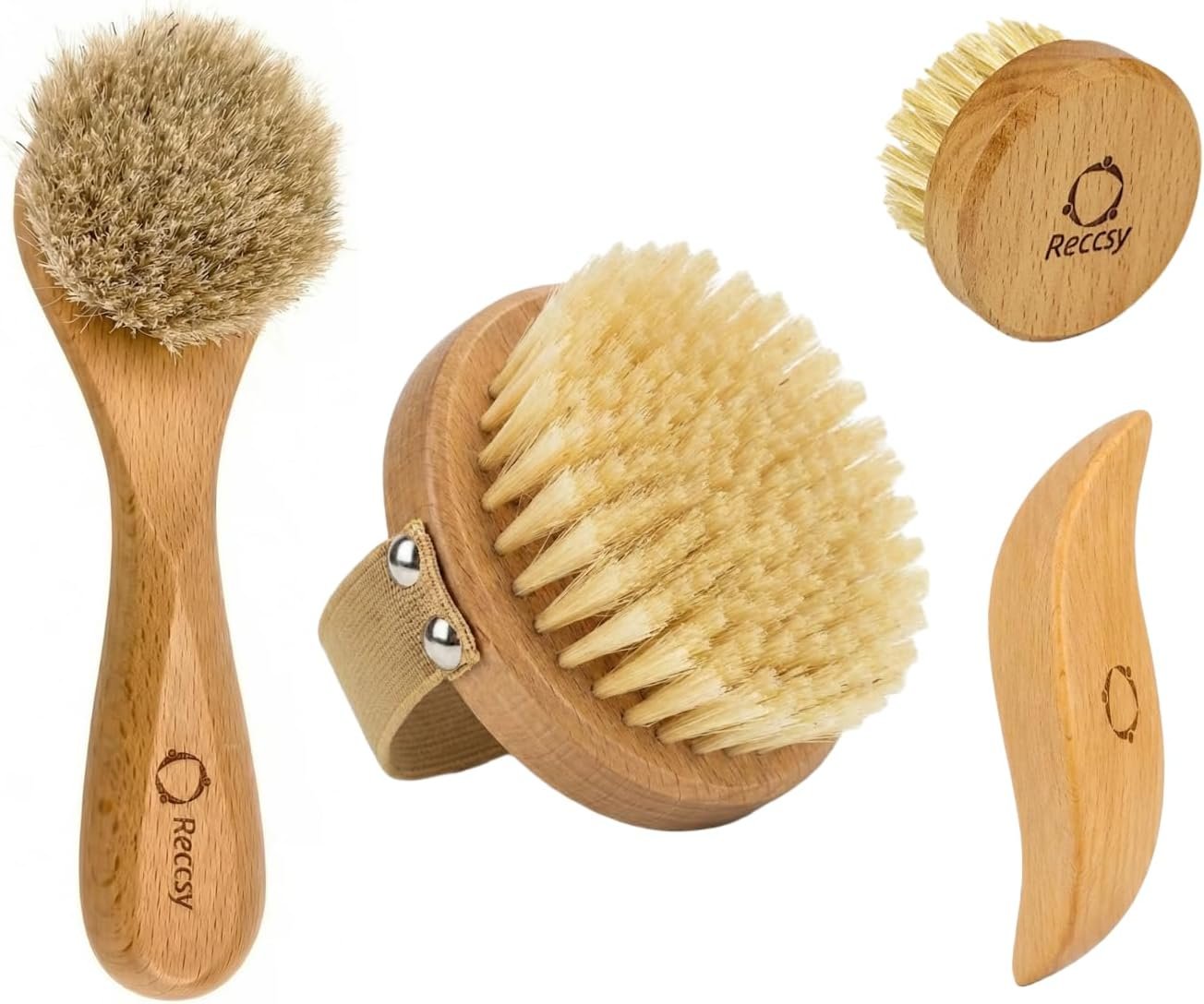 4pcs Dry Brushing Body Brush Set for Lymphatic Drainage-Natural Bristle Dry Skin Brush +Facial Dry Brush for Face+Dry Skin Exfoliating Scrubber+Wood Therapy Massage Tool. Gua Sha, Anti-Cellulite.