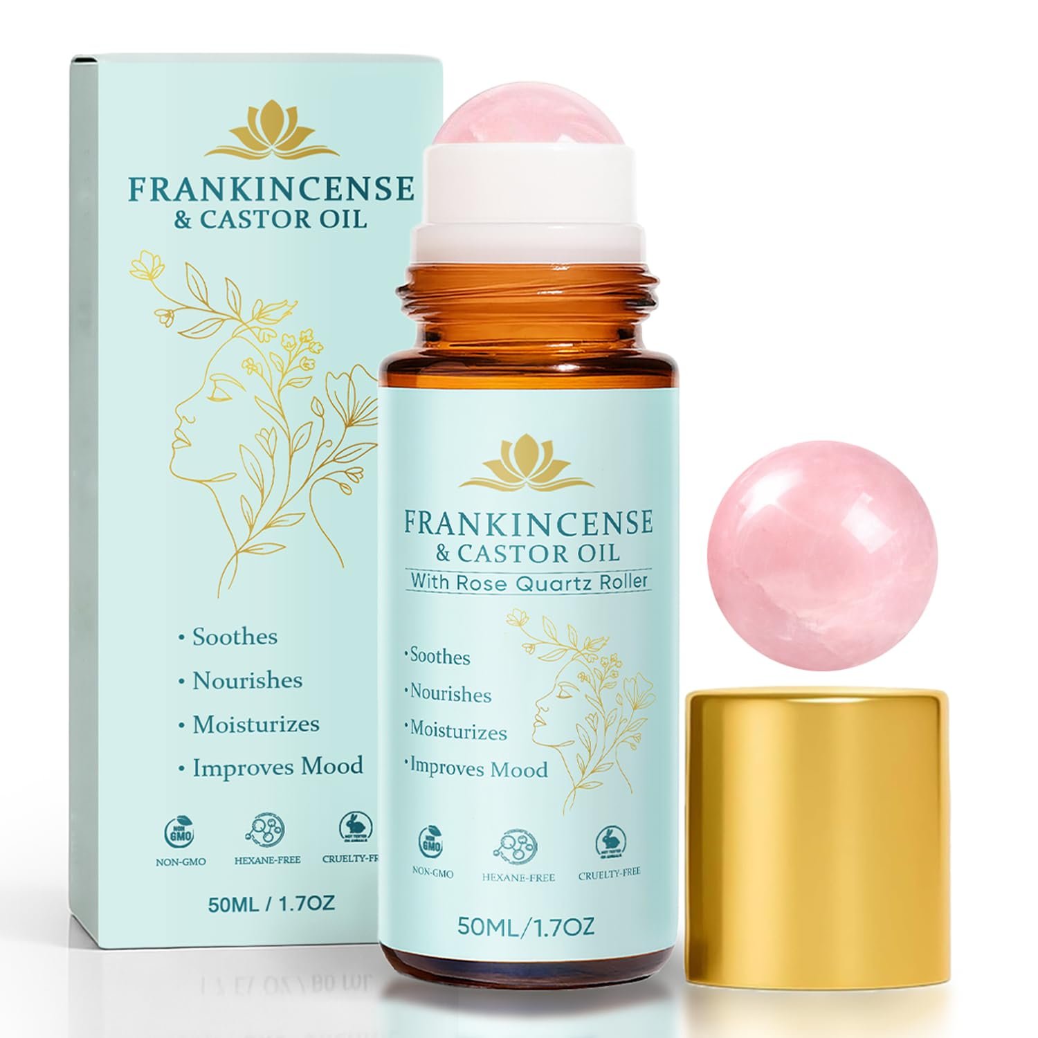 Castor Oil and Frankincense Roll On – Rose Quartz Roller Ball, Organic Cold Pressed Castor Oil for Eyebrows, Face & Neck, Firms Skin Feel Soft Smooth & Brightens Eyes, 1.7 fl oz