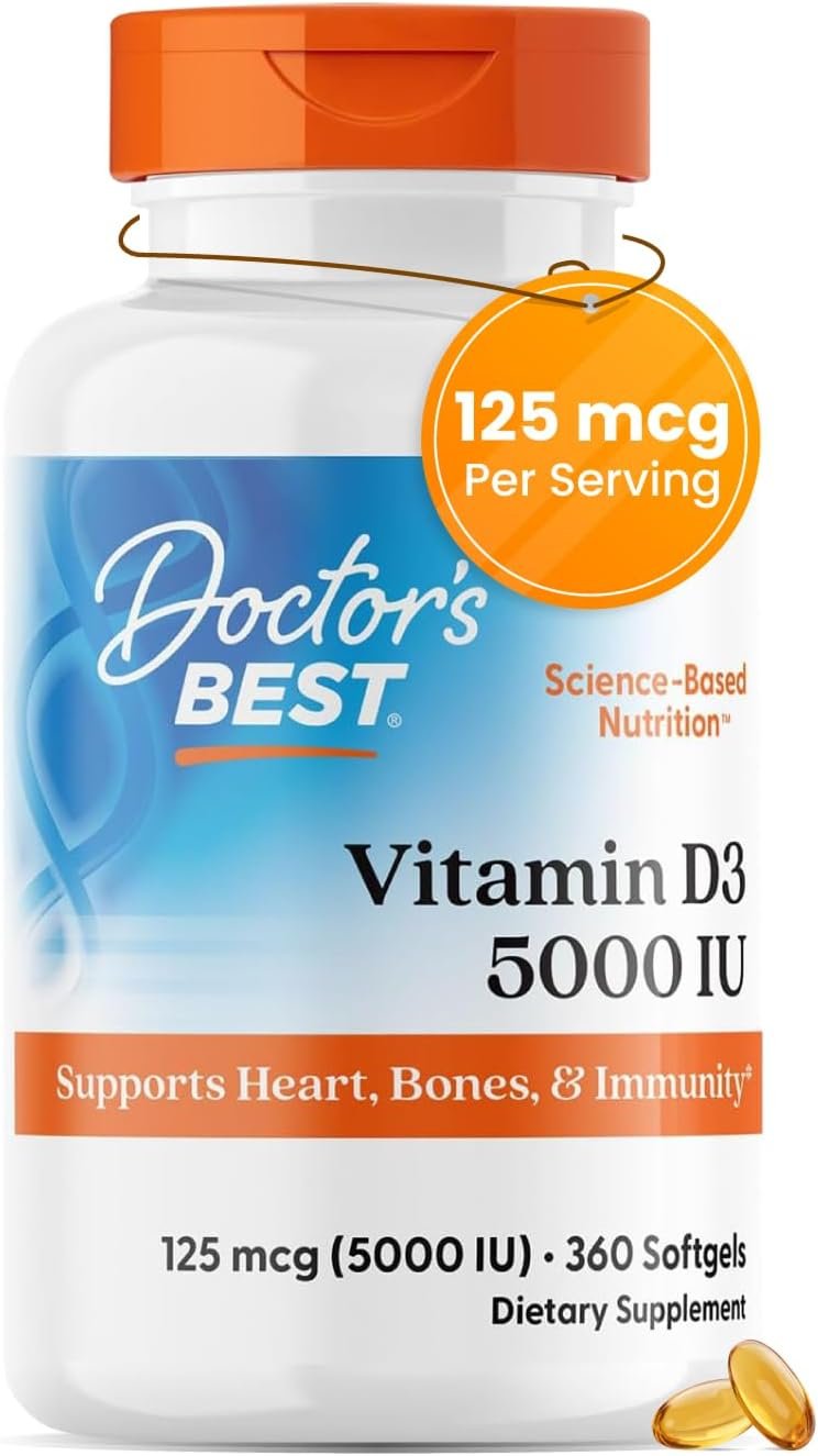 Doctor’s Best Vitamin D3 5000 IU Softgels for Men & Women – Vitamin D Supplement for Immune System & Heart Health Support, 125 mcg per Serving, Vit D 3, Non GMO, Gluten Free, Soy Free – 360 Softgels