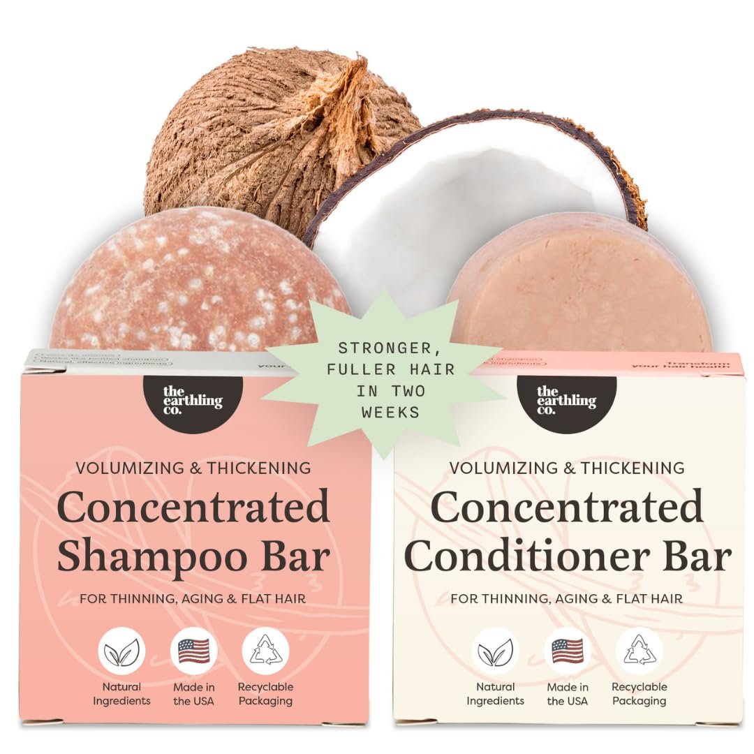 The Earthling Co. Volumizing Shampoo & Conditioner Bar Set For Thickening, Fullness, Strength, and Growth – Sulfate, SIlicone, Paraben Free for Thin, Flat, Fine Hair – Made in USA (Vanilla Coconut)