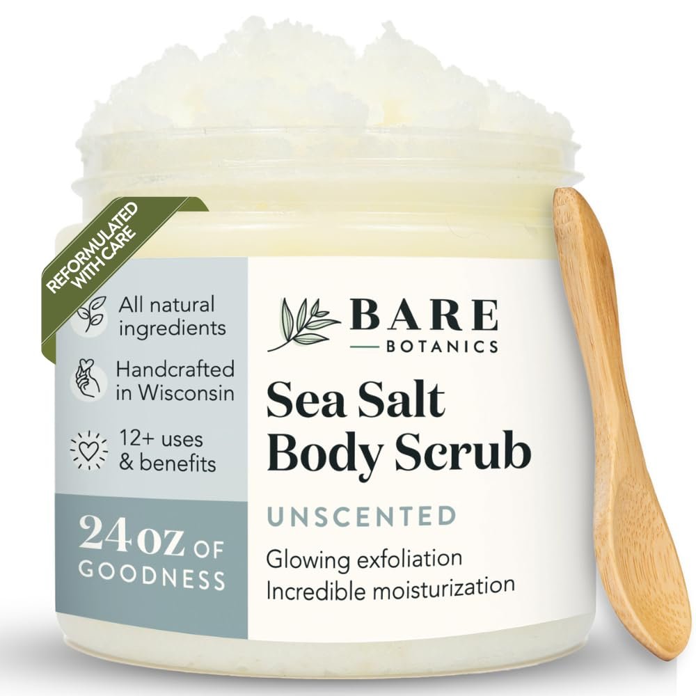 Bare Botanics 24oz Unscented Sea Salt Body Scrub | Non-toxic, Vegan & Cruelty-free | Made in Madison, WI | Full Body Exfoliator & Hydrating Moisturizer with a Cute Wooden Spoon