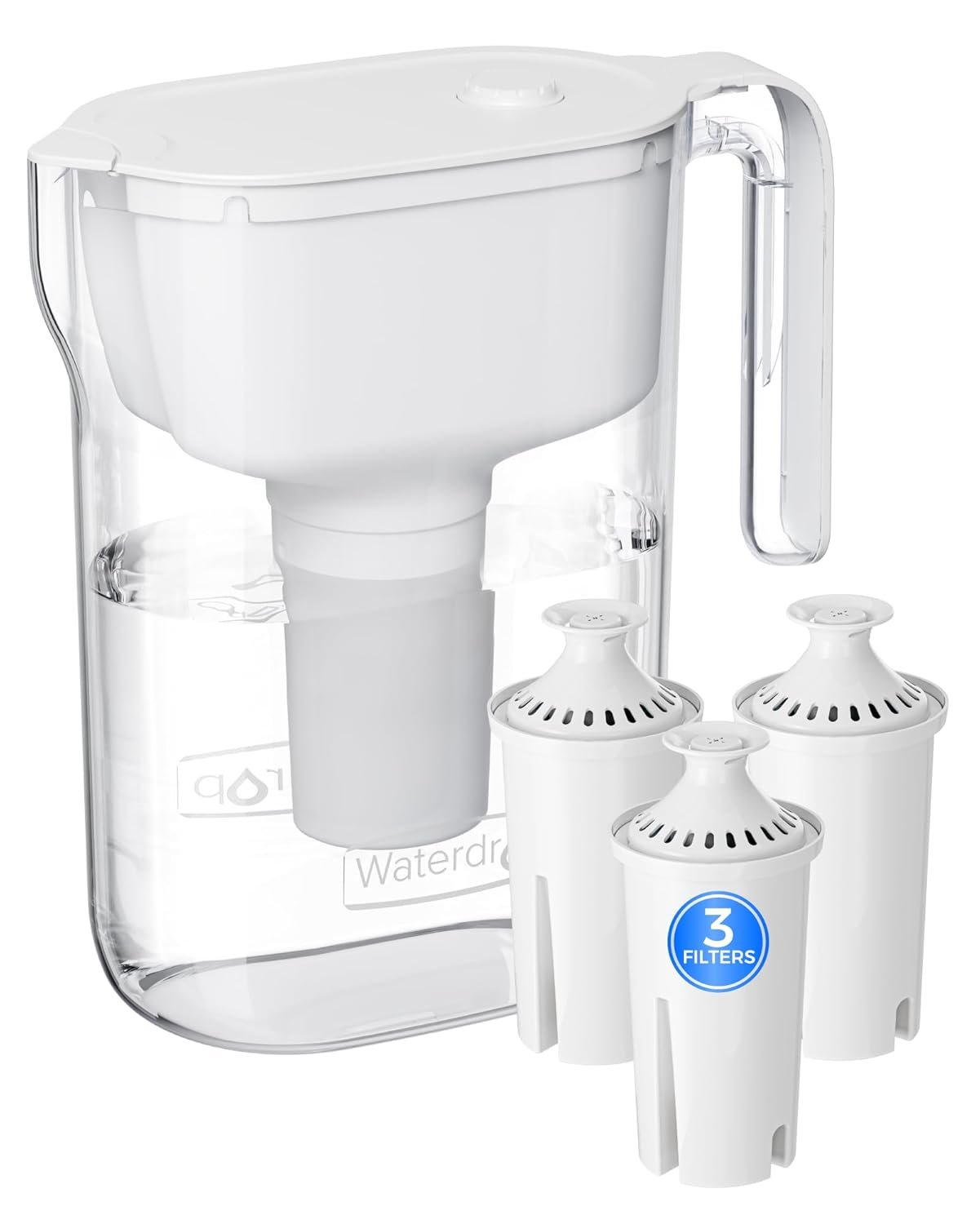 Waterdrop PT-11W 7-Cup Water Filter Pitcher with 3 Replacement Filters, Can Work with Brita® Water Pitchers & Filters, BPA-Free, Fast Flow, Reduces Chlorine and Lead, Up to 6 Months, White