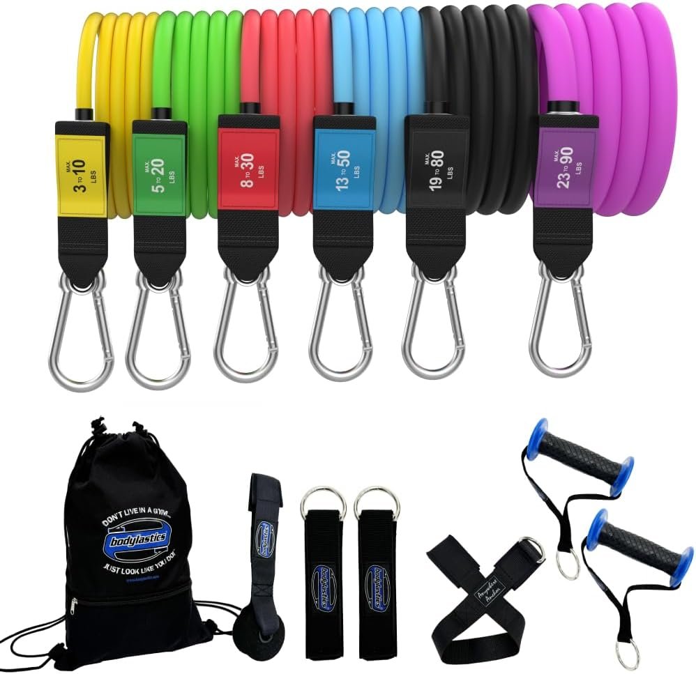 Bodylastics Patented Basic Series Resistance Band Set – Resistance Bands with Snap Reduction Tech, 2 Handles, 2 Ankle Straps, 1 Door Anchor & 1 Carry Bag