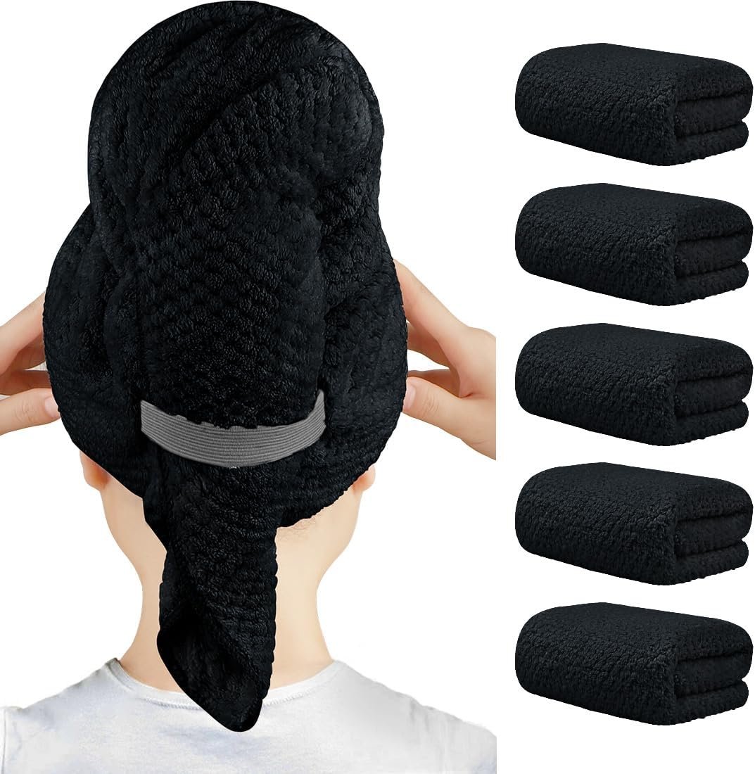 HOMEXCEL 5 Pack Large Microfiber Hair Towel Wrap for Women, Black- 40 x 20 inches Super Soft, Fast Drying Turbans for Long, Thick, Curly Hair – Anti Frizz Wrap with Elastic Strap