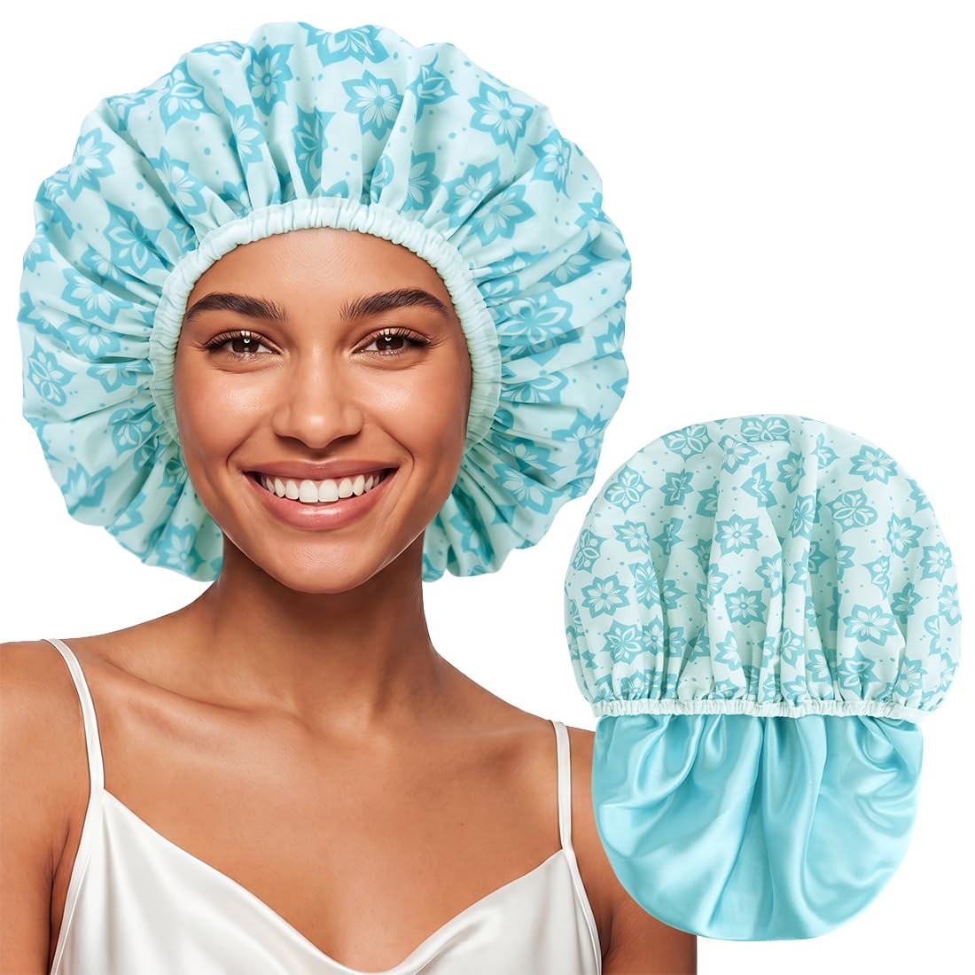 Extra Large Waterproof Shower Cap for Women, Double Layer Satin Lined Hair Bonnet for Curly Hair, Reusable Bath Cap with Elastic Edge for Long Thick Hair (White/Blue Floral)