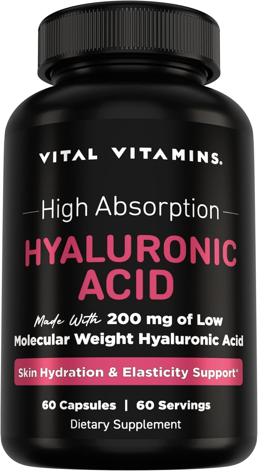 Vital Vitamins Hyaluronic Acid Supplements – Made with 200mg of Low Molecular Weight Hyaluronic Acid – Supports Skin Hydration & Elasticity from Within – 60 Capsules, 60 Servings