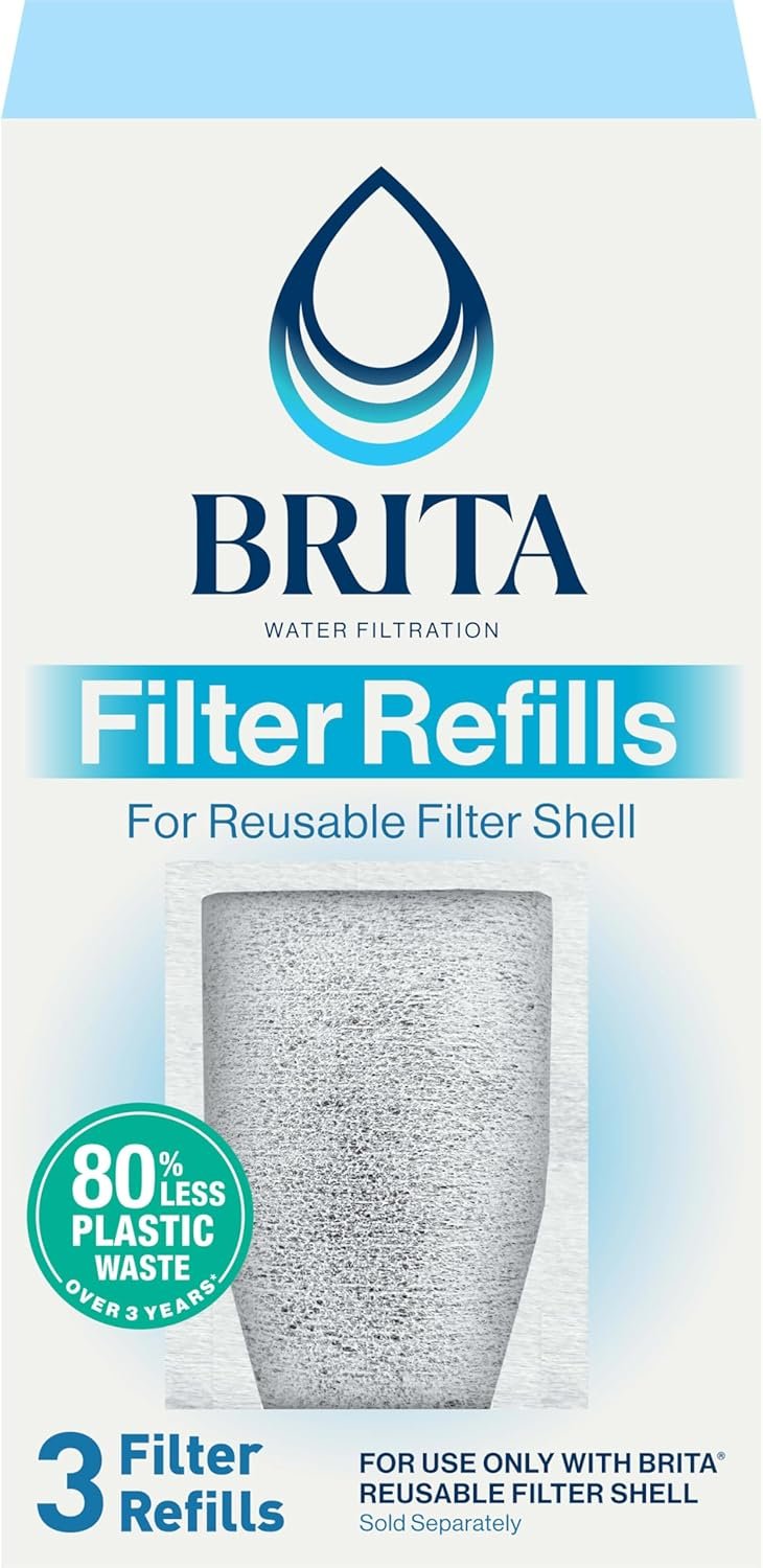 Brita Refillable Water Filter Refill Packs for Pitchers and Dispensers, BPA-Free, 80% Less Plastic*, Each Lasts Two Months, For Use with Refillable Shell (Sold Separately), 3 Filters
