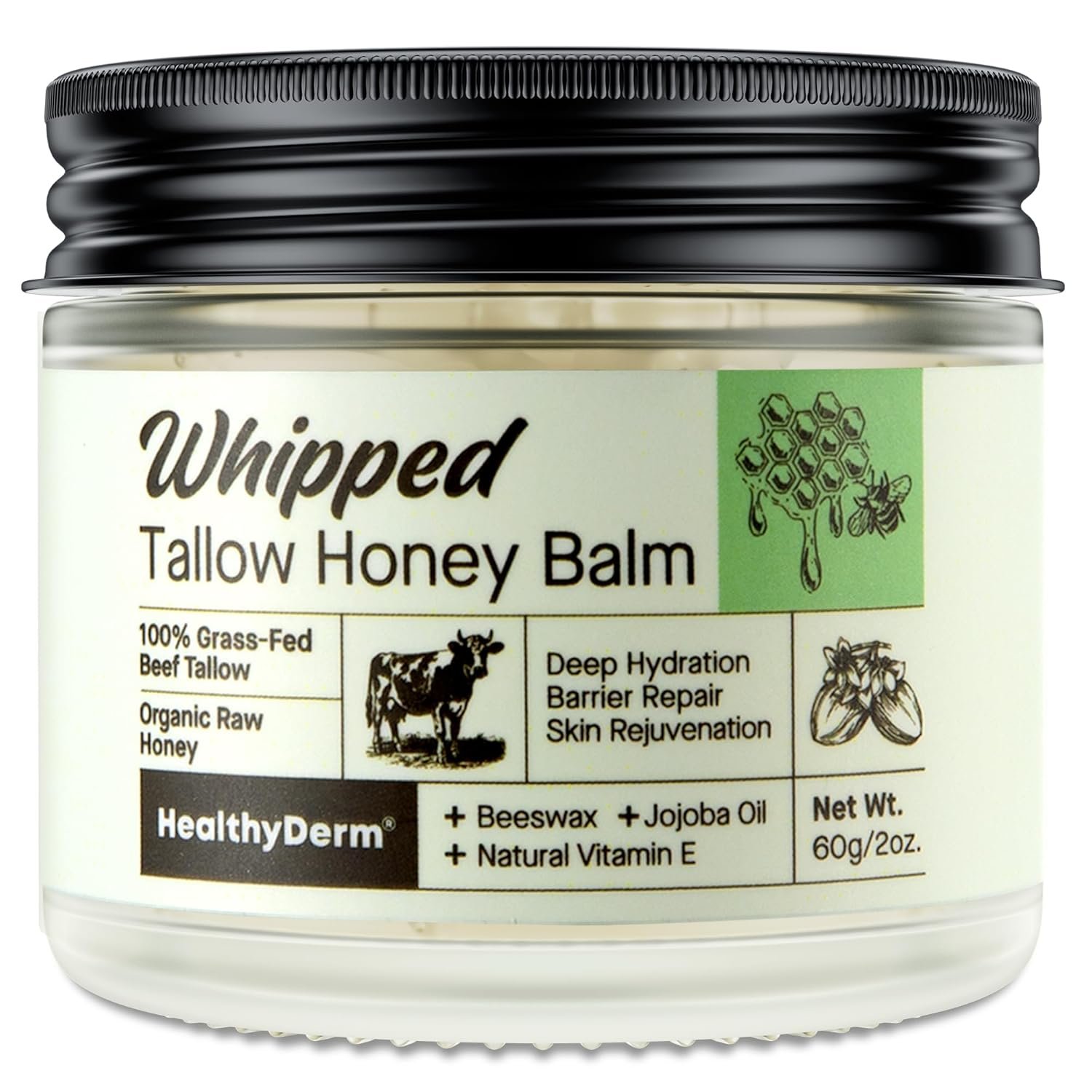 Beef Tallow Honey Balm for Skin: 100% Grass Fed Whipped Organic Moisturizer with Organic Raw Honey, Jojoba Oil, Vitamin E – Natural Face and Body Care for Mature, Dry or Sensitive Skin, 2oz
