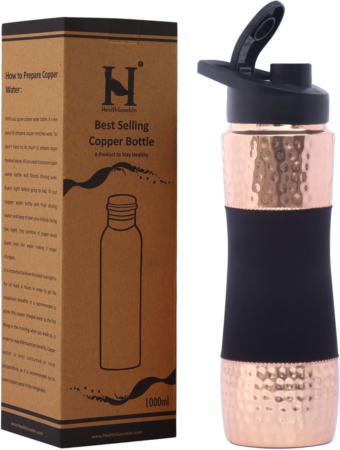Pure Copper Water Bottle with Sipper Cherry Black, 900 Ml Capacity (30.4 US Fl Ounce) For Ayurveda Health Benefits